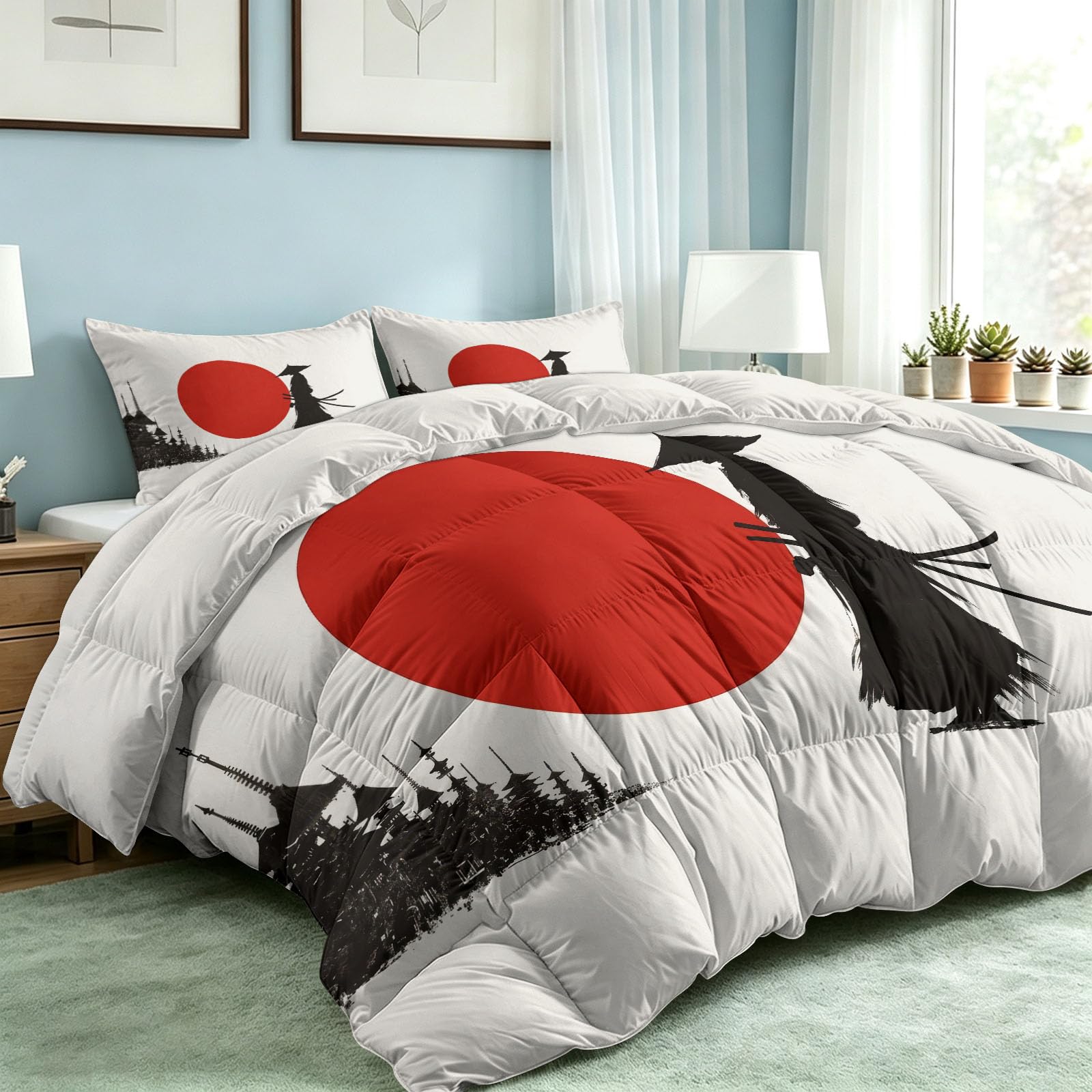 Generisch Cartoon Japanisch Bettdecke 155x220cm 4 Jahreszeiten, Samurai Silhouette Rote Sonne Steppdecke, Hautfreundlich Ganzjahresdecke Bettdecke ohne Bezug Waschbar mit 2 Kissenbezug