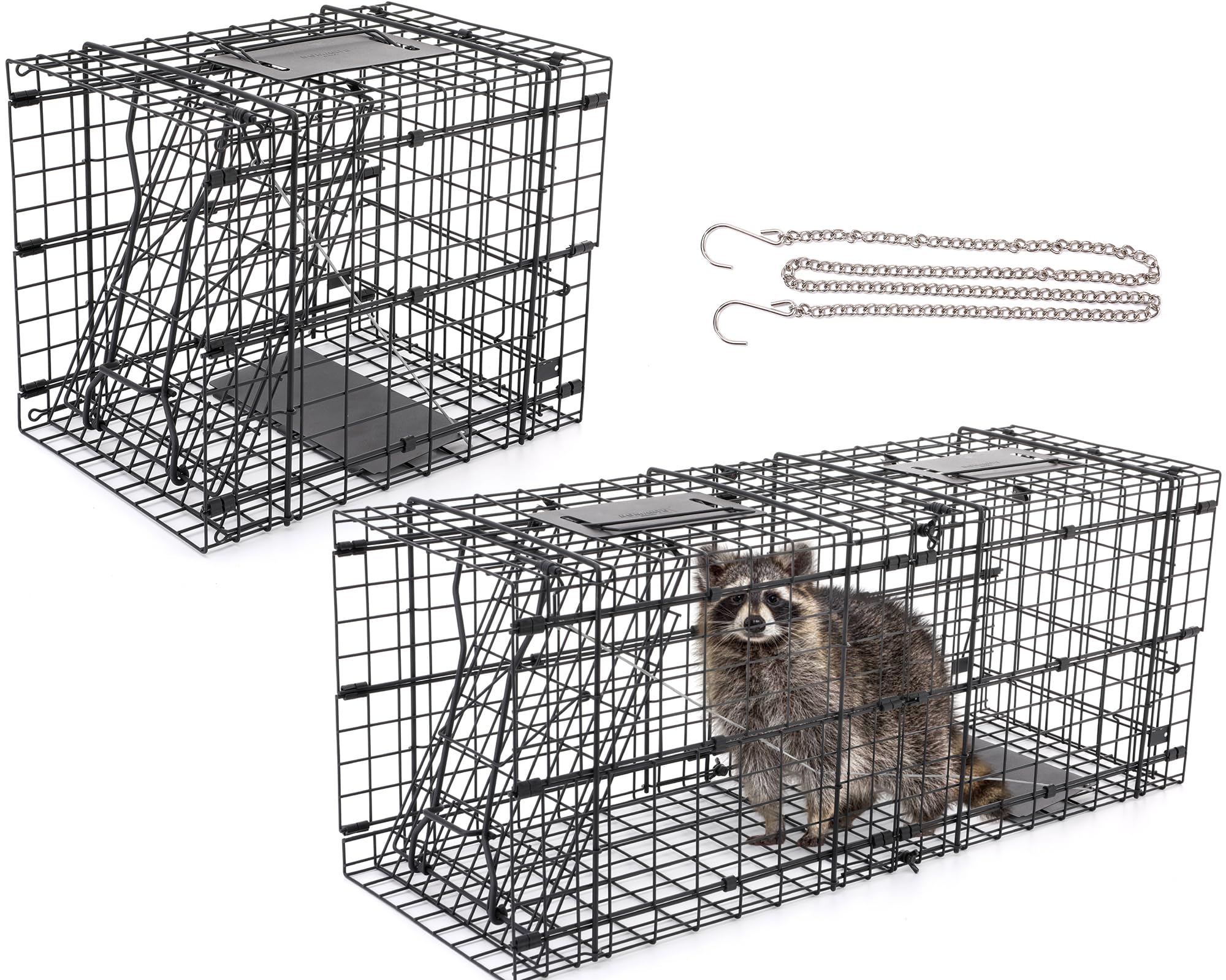 2-in-1 Live Animal Trap Cage, 32" Raccoon Large Trap Detachable into 16" Small Box Traps for Groundhog Stray Cat Humane Rodent Cage Indoor & Outdoor Heavy Duty Foldable Steel Cat Catcher Catch Release