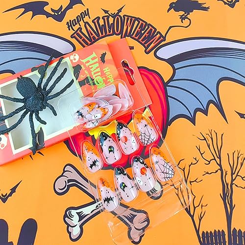 Miniatura 2 de Uñas postizas a presión de punta francesa de Halloween, uñas postizas medianas con calabaza, fantasma, murciélago, araña, diseños de telaraña,
