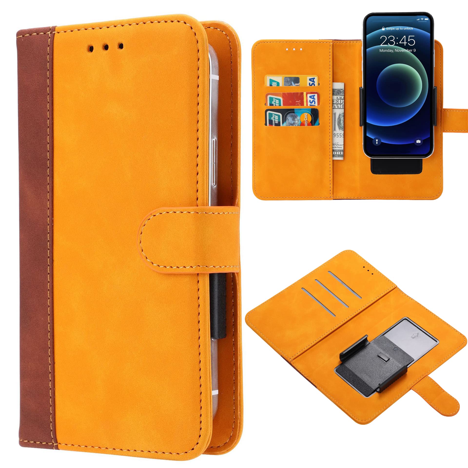 Ranyi for Consumer Cellular IRIS Connect Case, Universal PU Leather Wallet Case with Credit Card Holder Slots Movable Clip Magnetic Wallet Case Cover for Consumer Cellular IRIS Connect 2023 -Yellow