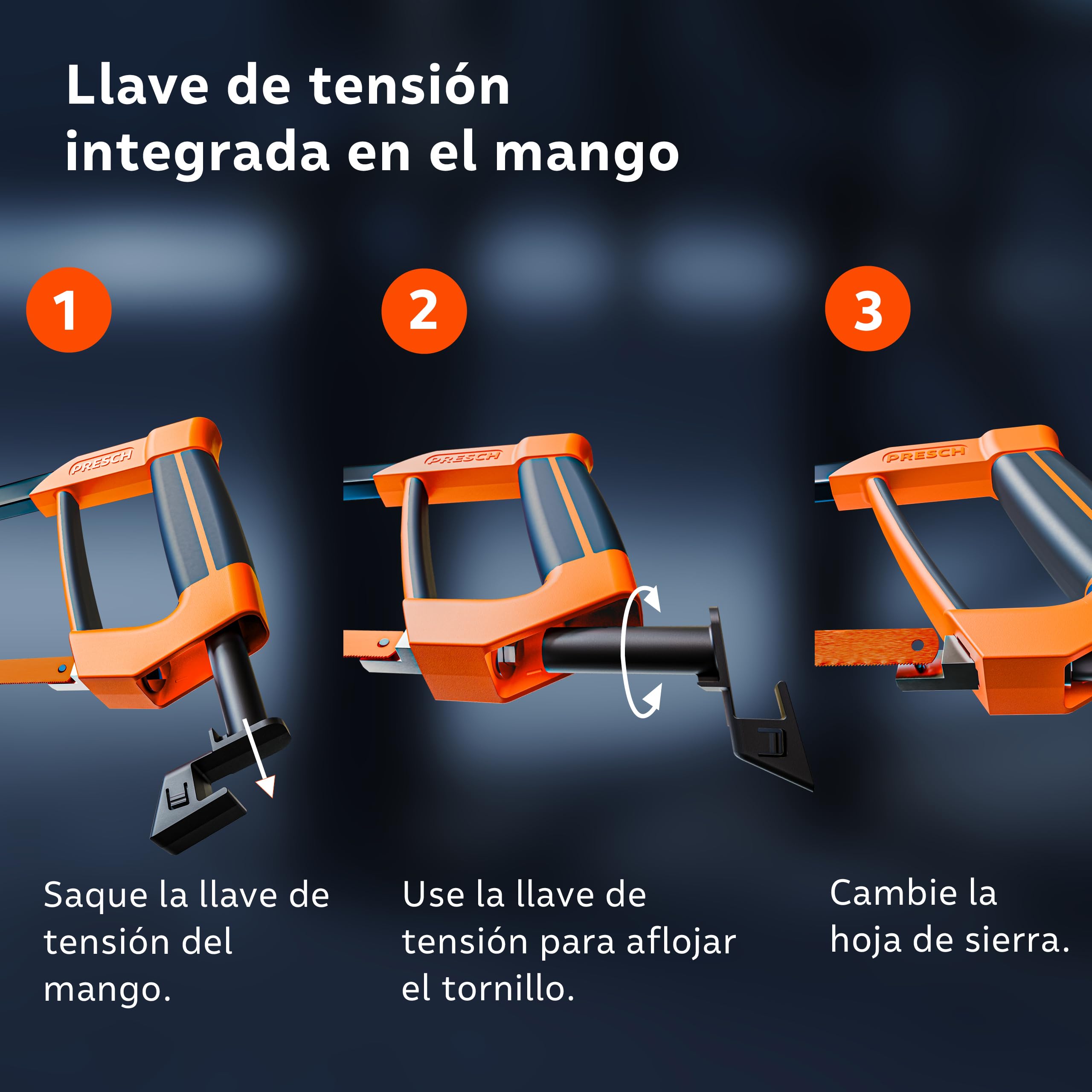 Presch Sierra de arco 300mm - Con hoja de sierra BI-metal para un corte preciso - 90° Rotación de la hoja de sierra para cortes horizontales y verticales - Mango con llave de tensión incluida