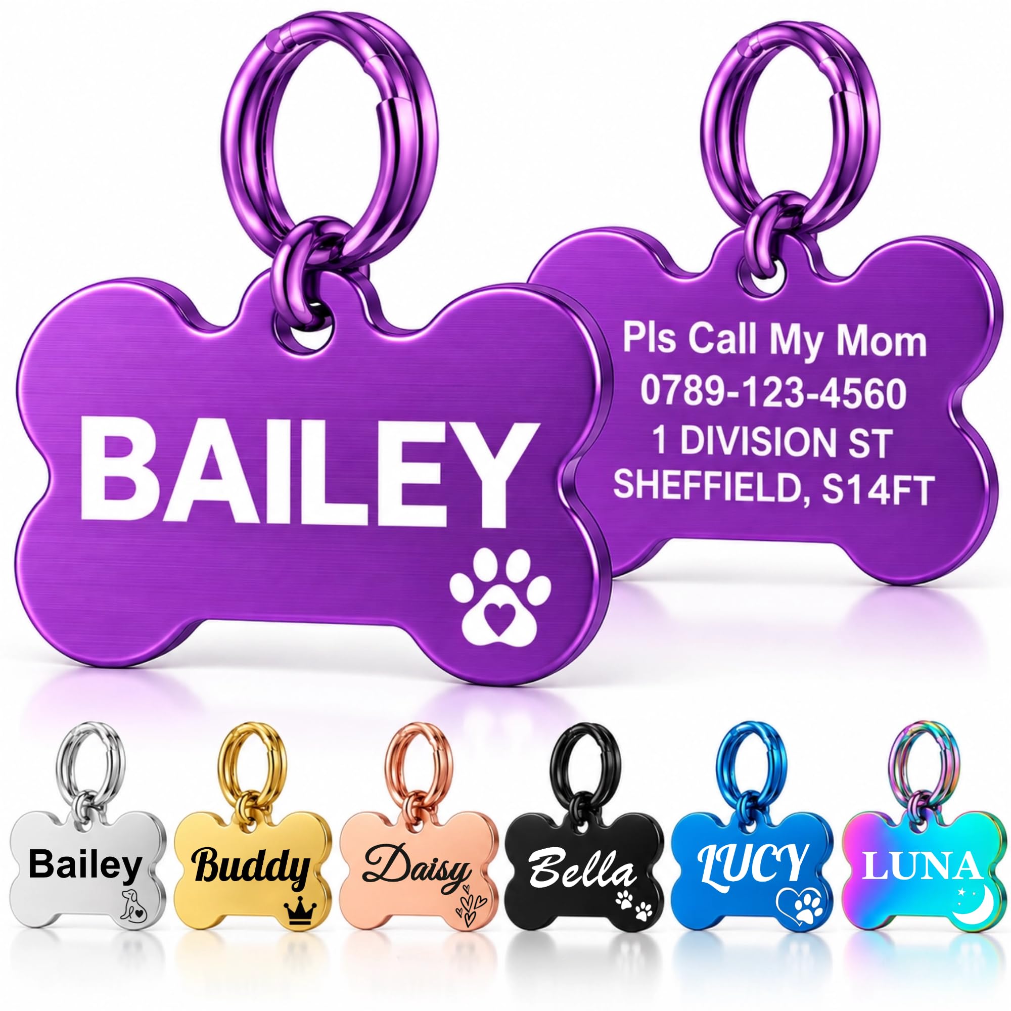Personalised Dog Tags for Pets UK Prime, Deep Engraved Stainless Steel Cat & Dog Name ID Tags, Custom Anti-Lost Pet Tag, Scratch Rust & Fade Resistant for Puppy Kitten (Purple Bone, L)