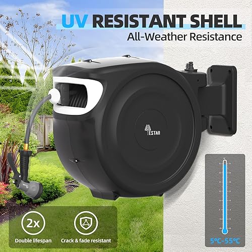 Miniatura 5 de Carrete de manguera de jardín retráctil de 12 pulgadas x 130 pies, carrete de manguera automático con boquilla de 7 patrones, bloqueo de cualquier