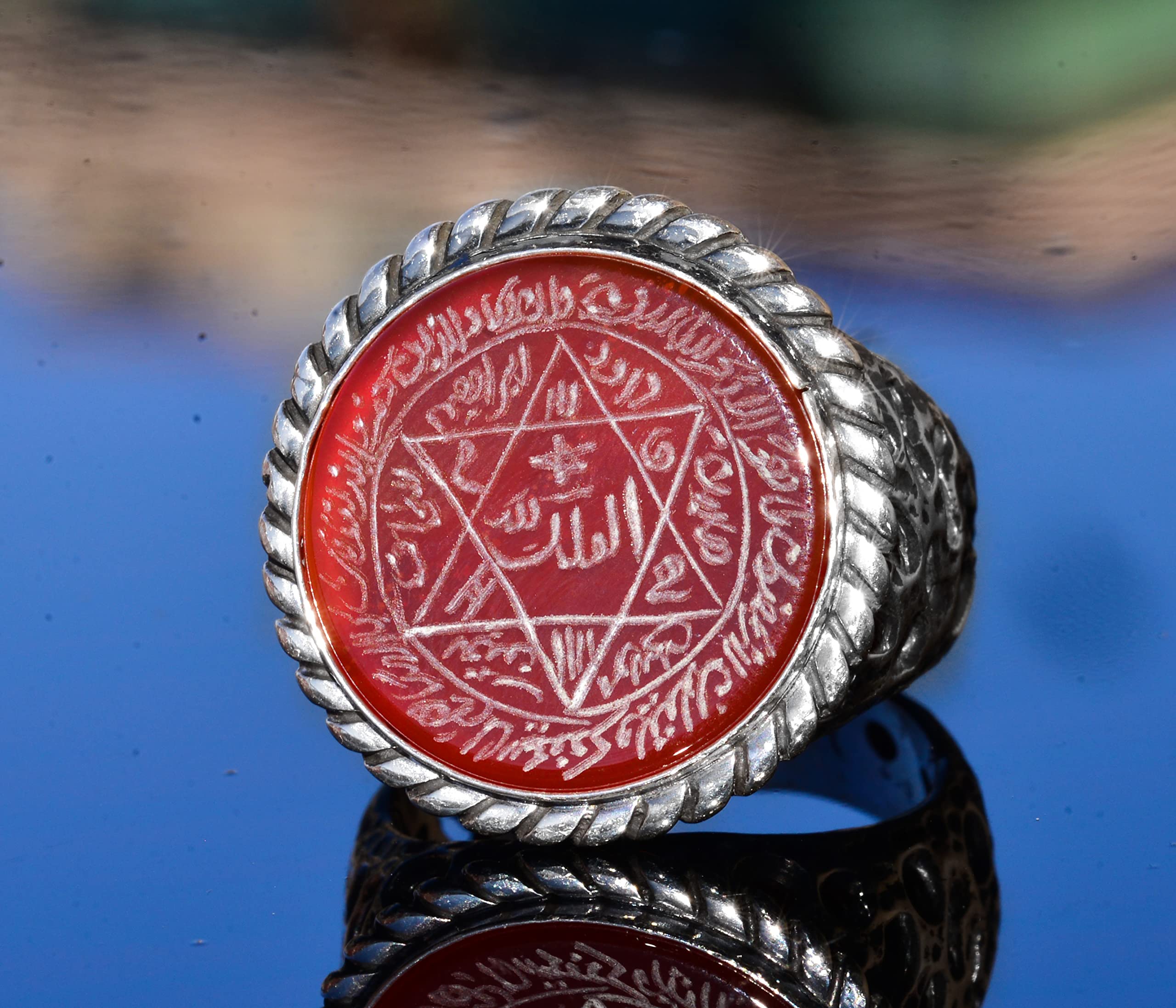 KAMBO - Anillo árabe hecho a mano con piedra cornalina, anillo de plata de ley para hombre, emblema de estrella de Salomón, símbolo de valor y vitalidad, Plata, Cornalina