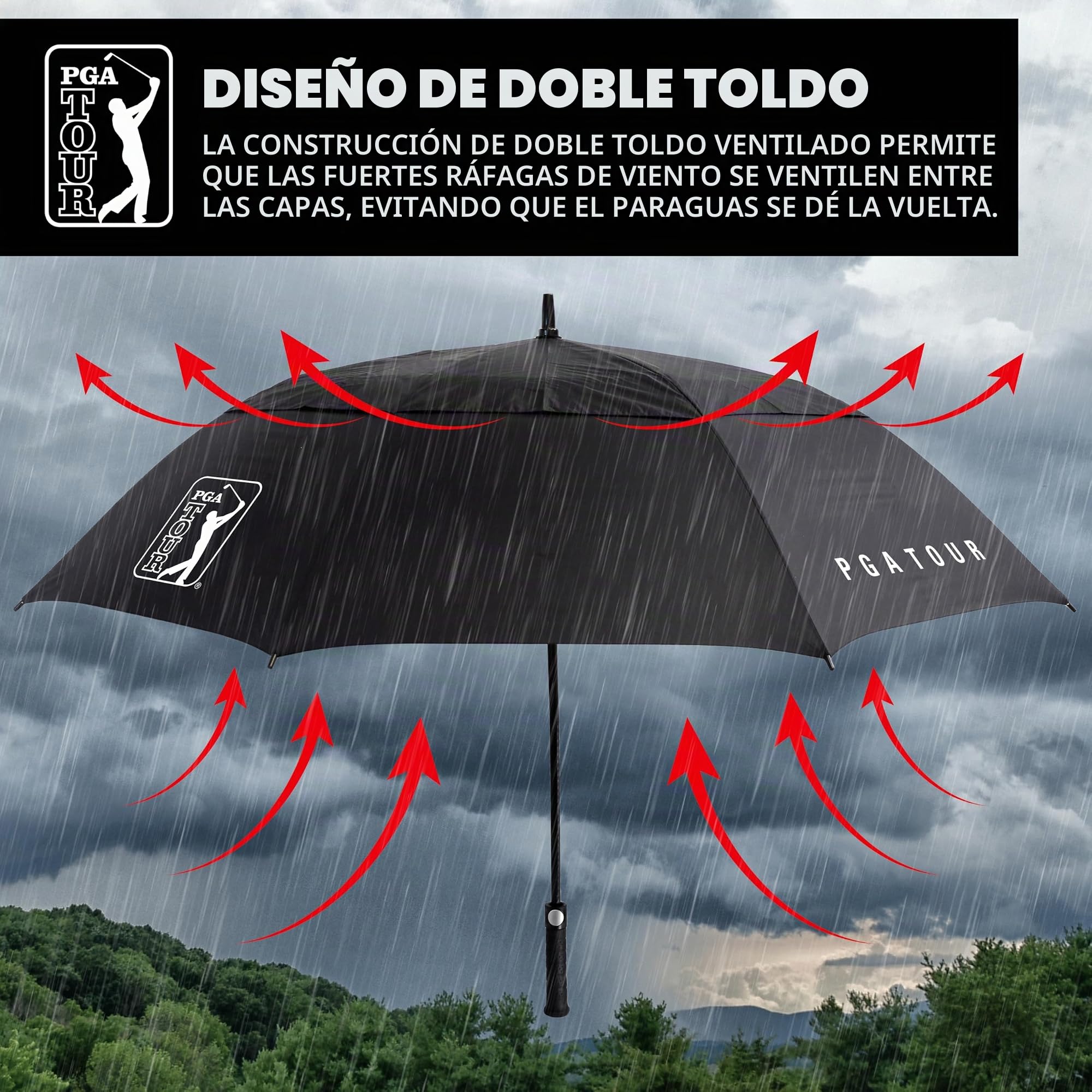 PGA TOUR 62-Inch Golf Umbrella - Windproof Double Canopy, Mens Umbrellas with Auto Open, Fibreglass Shaft, Non-Slip Handle, Velcro Straps, Rainproof Cover - Golf Umbrella Windproof