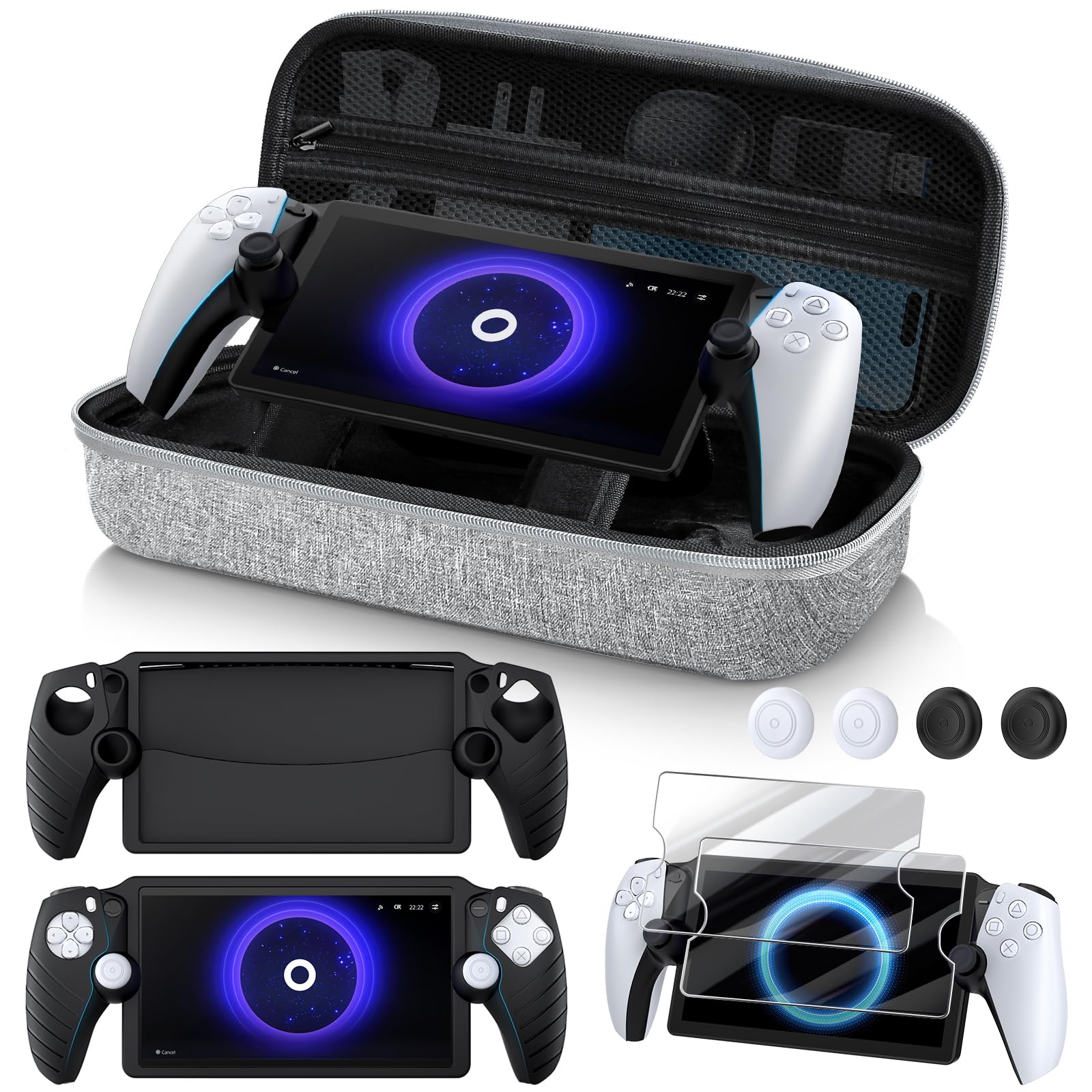 Kinwin 10 in 1 Accessories Bundle Compatible with PlayStation Portal Grey EVA Carrying Case with Silicone Protective Cover