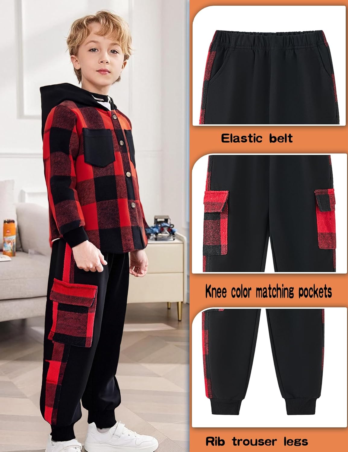 Boy Clothes Flannel Plaid Shirt Tops Pants Set Hoodie Sweatsuit+White T-shirt 3Pcs for Fall Winter Spring Outfits