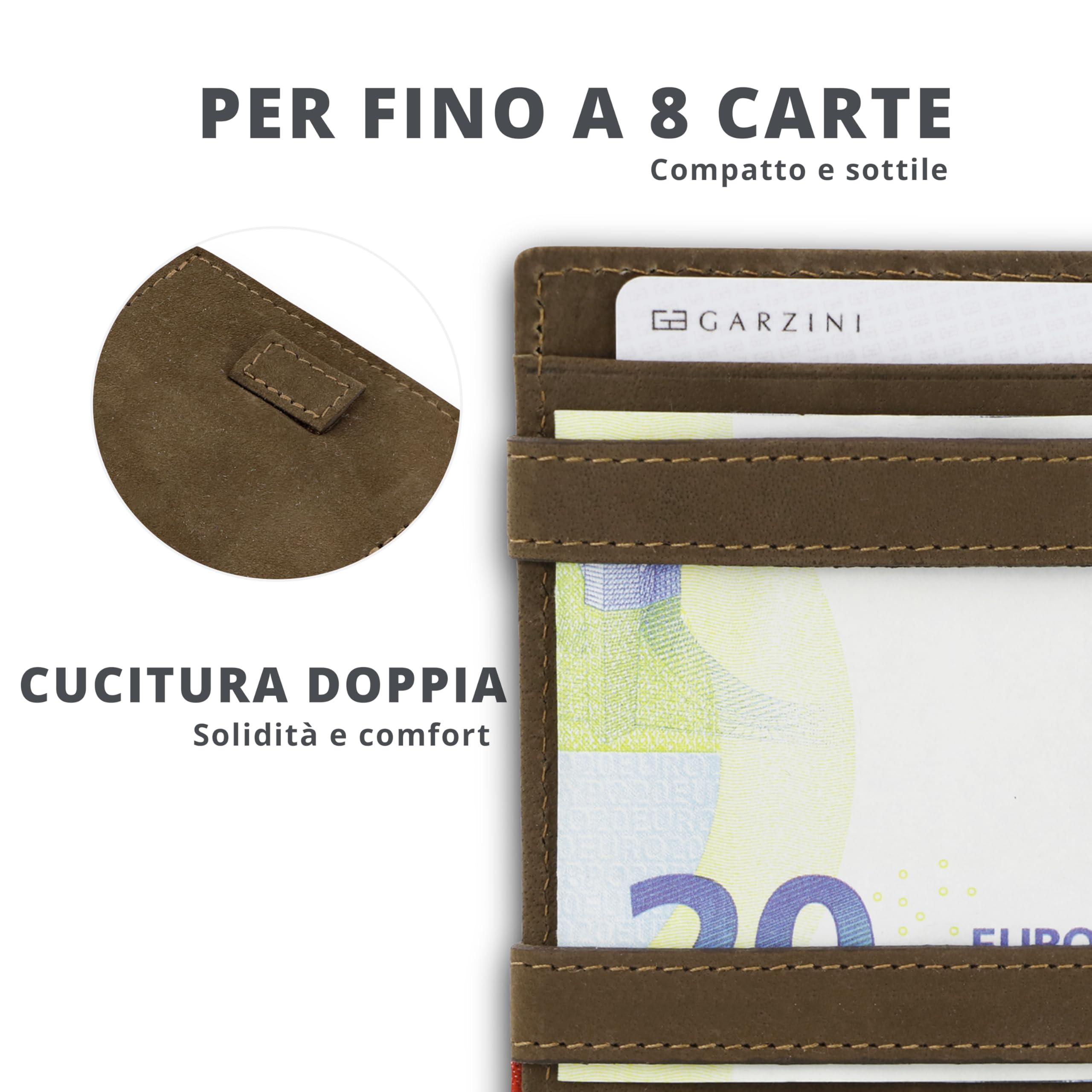 GARZINI Portafoglio Magico - in vera pelle, sottile e minimalista Magic Wallet da uomo con sistema di blocco RFID, custodia per le carte, linguetta di estrazione e portamonete
