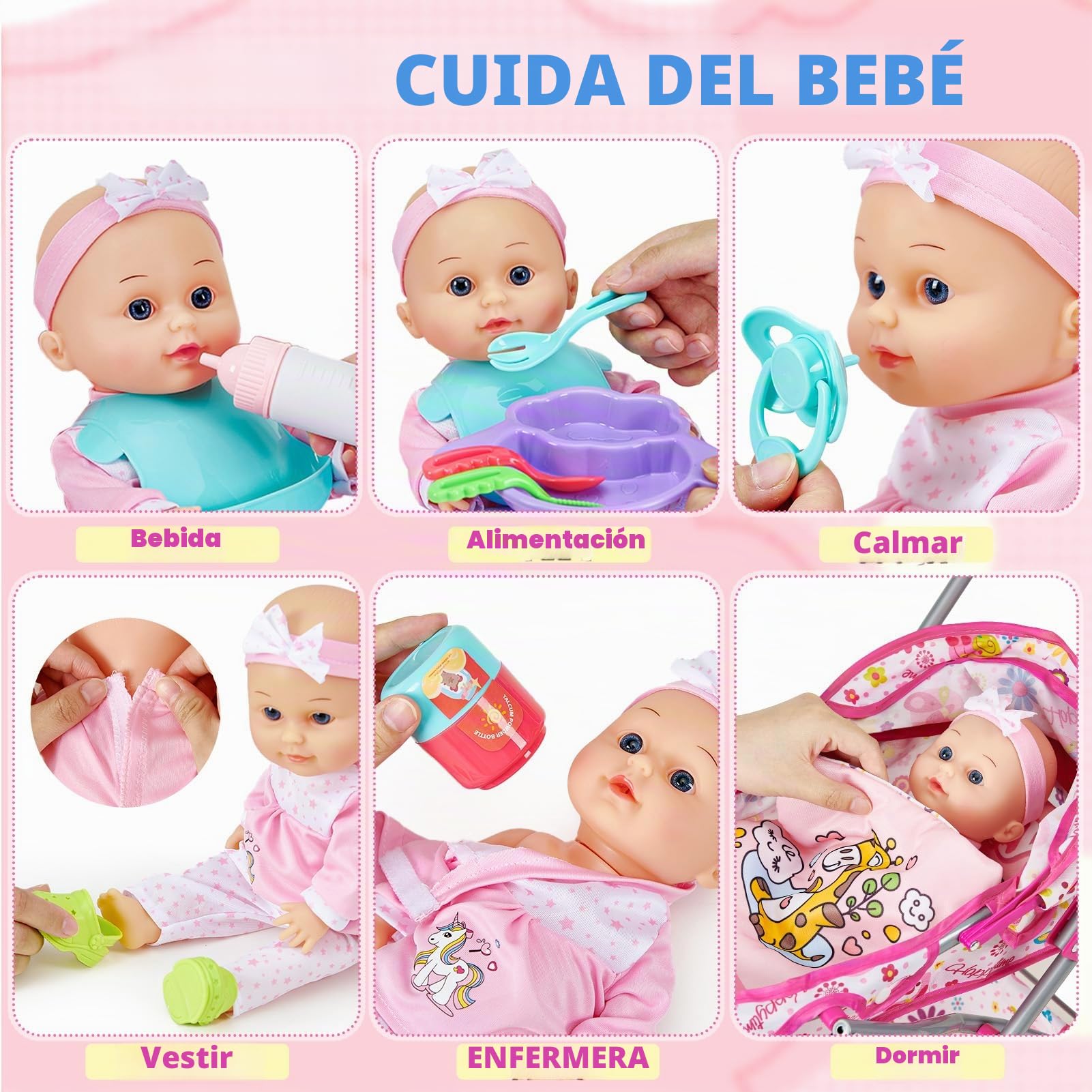 vamei Accesorios Muñecas Bebe para Niñas, Accesorios Bebe Juguete Juego de Rol, con Muñeca & Cochecito & Caballo Balancín & Bolso & Ropa de Muñeca, Cumpleaños Juguetes Regalo Niña Niños 2 3 4 5 6 Años