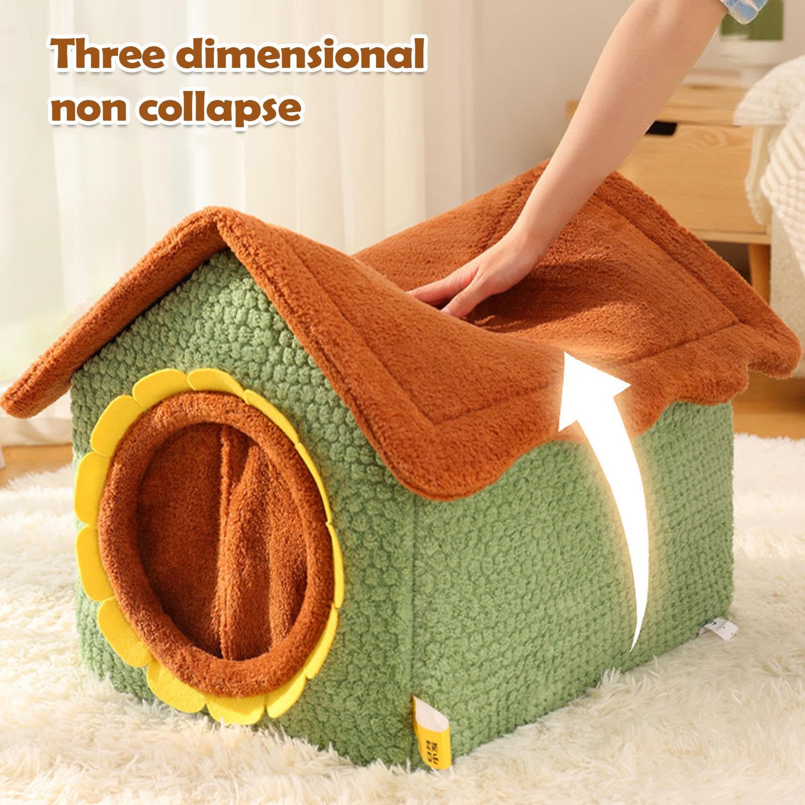 Casa Para Gatos Casa Cálida Cerrada Plegable | Cama Cueva Extraíble De Gatos Con Puerta De Girasol Para Cachorros, , Mascotas Pequeñas, Jugar En Interiores, Hogar,