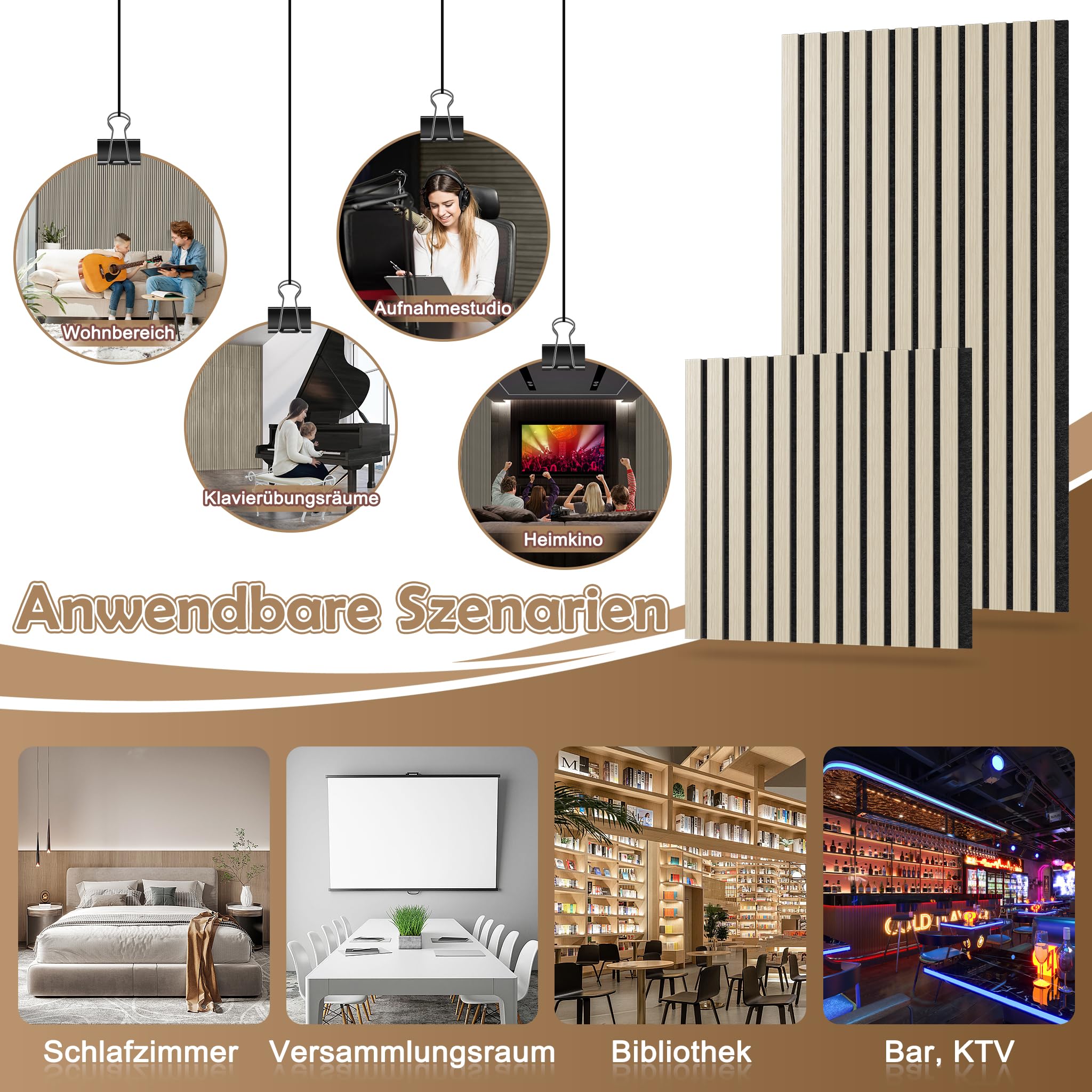 LZQ Lot de 4 panneaux acoustiques en bois véritable - Placage mural - 60 x 60 cm - Panneaux muraux à lamelles - Isolation acoustique - Décoration murale pour salon, couloir, bureau - Couleur bois