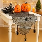 Windkream 18 x 72 Inch Halloween Table Runners Black Lace Spider Web Table Runner with Crawling Spider Gothic Halloween Decorations for Masquerade Themed Party Dinner Mantel Indoor Decor