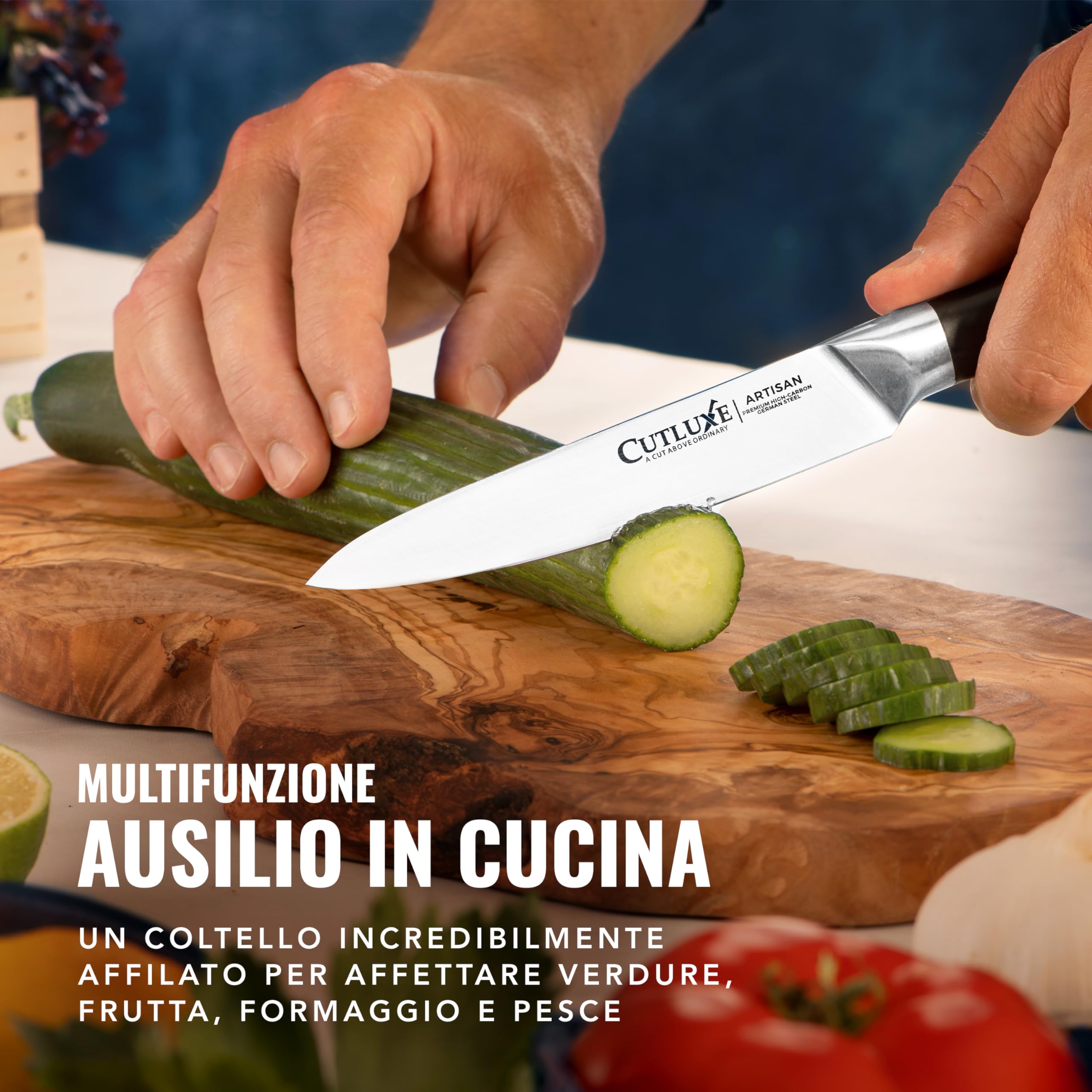 Cutluxe Set 5 Coltelli da Cucina – Acciaio Tedesco, Codolo Intero | Chef 20cm, santoku 18cm, utility 14cm e intaglio 23cm; filo affilato a mano; manico ergonomico