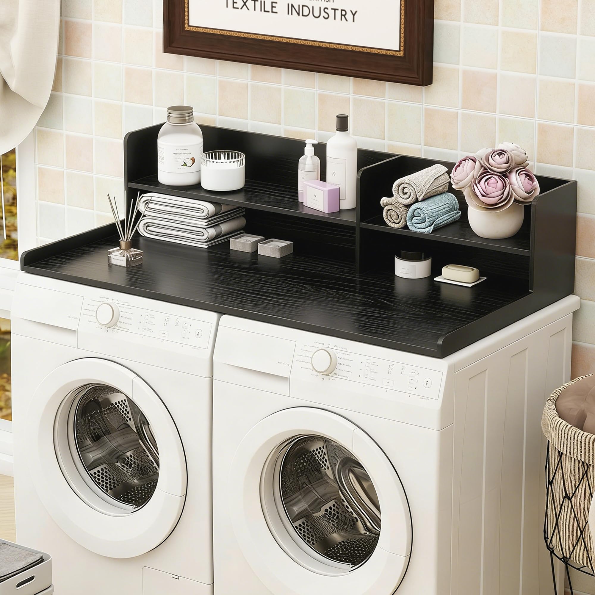 Desility 2 Tier Washer Dryer Countertop with Shelf, 54.7" W X 28.3" D Laundry Countertop with Non-Slip Pad, Wooden Washing Machine Topper for Folding, Sorting & Ironing, Black