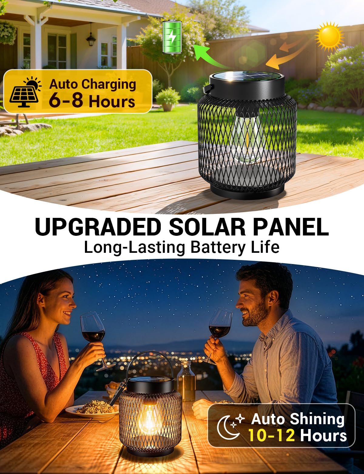 GEARLITE Solarlampen für Außen Hängend/Stehend, 2 Stück Metall Solar Laternen für Draußen mit Größer LED-Glühbirne, IP65 Wasserdicht Laterne für den Garten, Balkon, Outdoor, Terrassen, Warmweiß