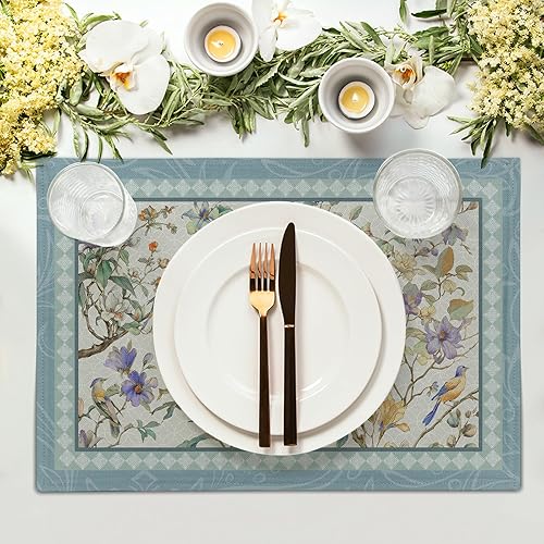 Miniatura 2 de Juego de 4 manteles individuales de primavera, diseño de pájaros azules, flores, flores, estación, primavera, floral, lavable, rústico, decoración
