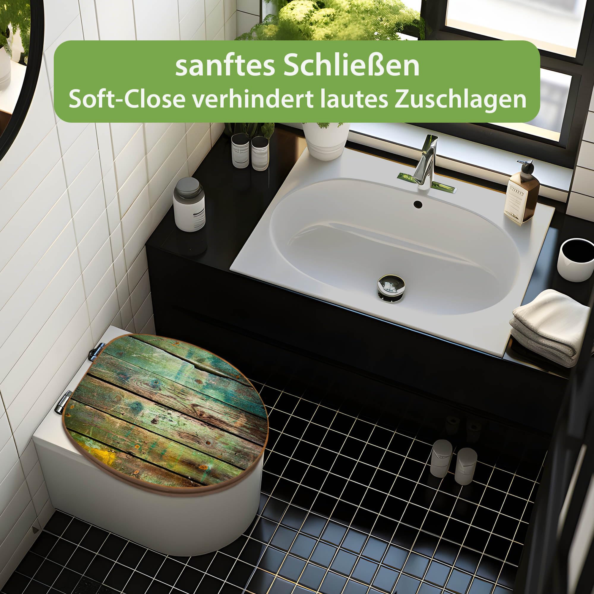 banjado Design WC Sitz Bambus Absenkautomatik 45,8x37,5cm - Toilettendeckel mit Absenkautomatik Holz - hochwertiger Bambus Klodeckel - WC-Sitz für gängigen Toiletten - Motiv Grünes Holz