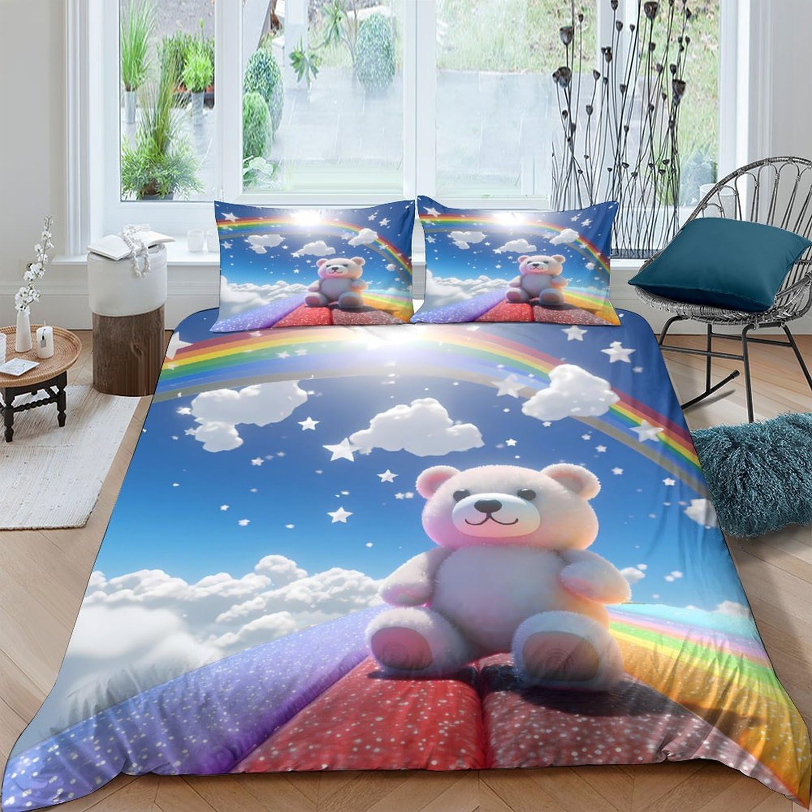 Ctjqhvkz Style-5 3D Printed Rainbow Teddy Bear Fitted Sheet Microfiber Soft Non-Slip Bed Cover For Bedroom Dorm Decorative Single（135X200cm）