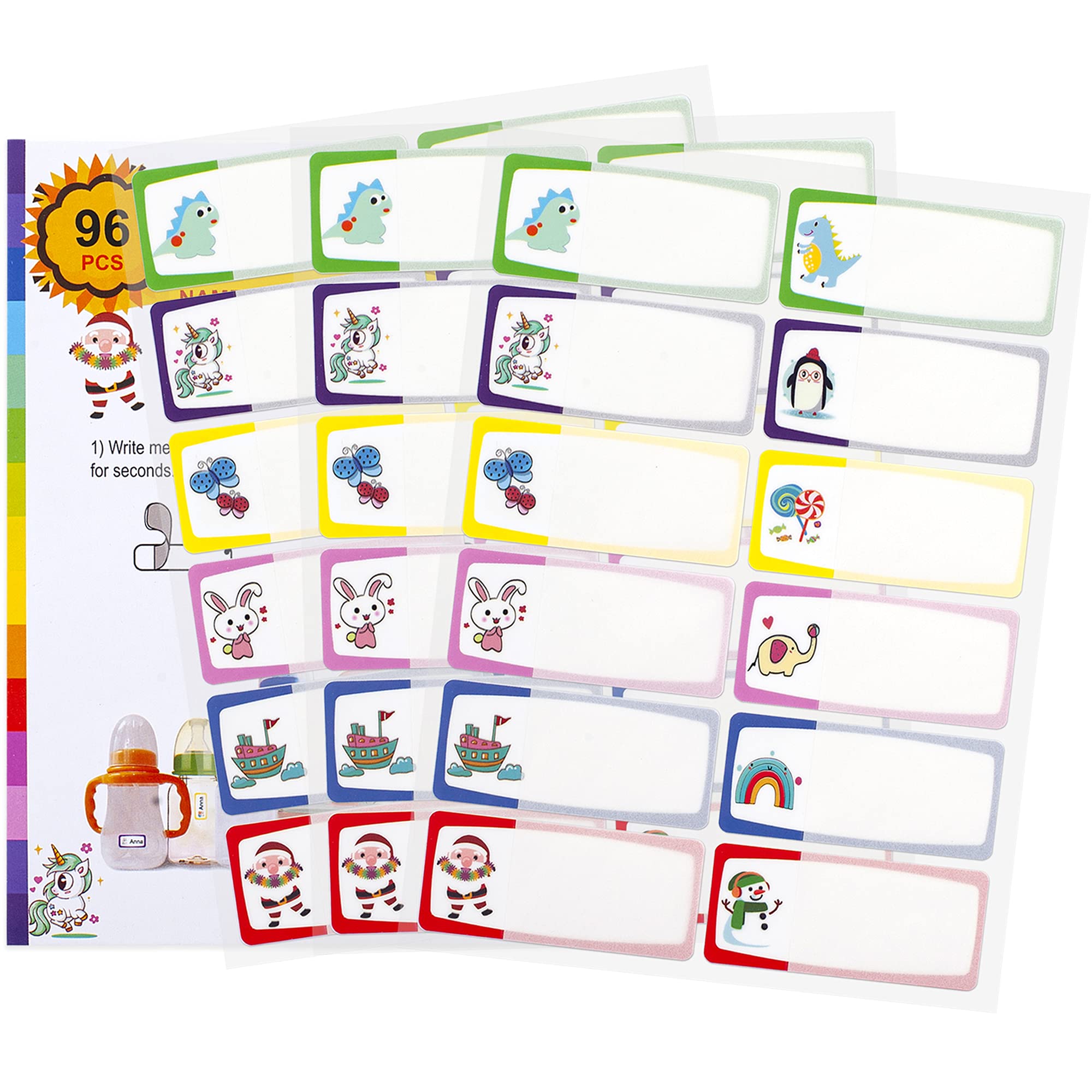 Name Labels for Kids Stuff School Supplies, 96 PCS Waterproof Daycare Labels, Baby Bottle Labels for Daycare, Self-Laminating, Dishwasher Safe, Toddler Name Sticker Tags for Sippy Cups, Lunch Box
