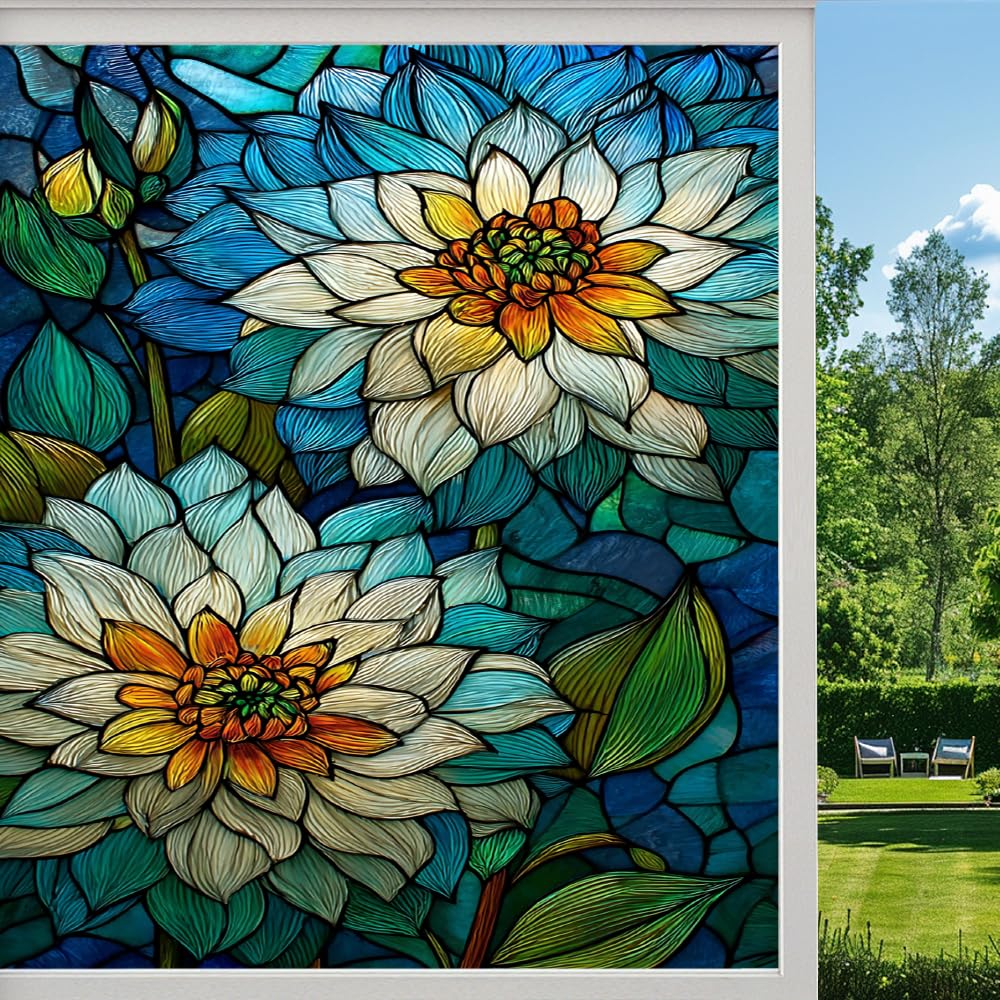 Pmlbaous Elegant Lily Stained Glass Window Film, Colorful Natural Flower Plants Peel And Stick Privacy Film, Frosted Adhesive Vinyl Decorative For Bathroom Windows Glass Doors, （45X60cm）