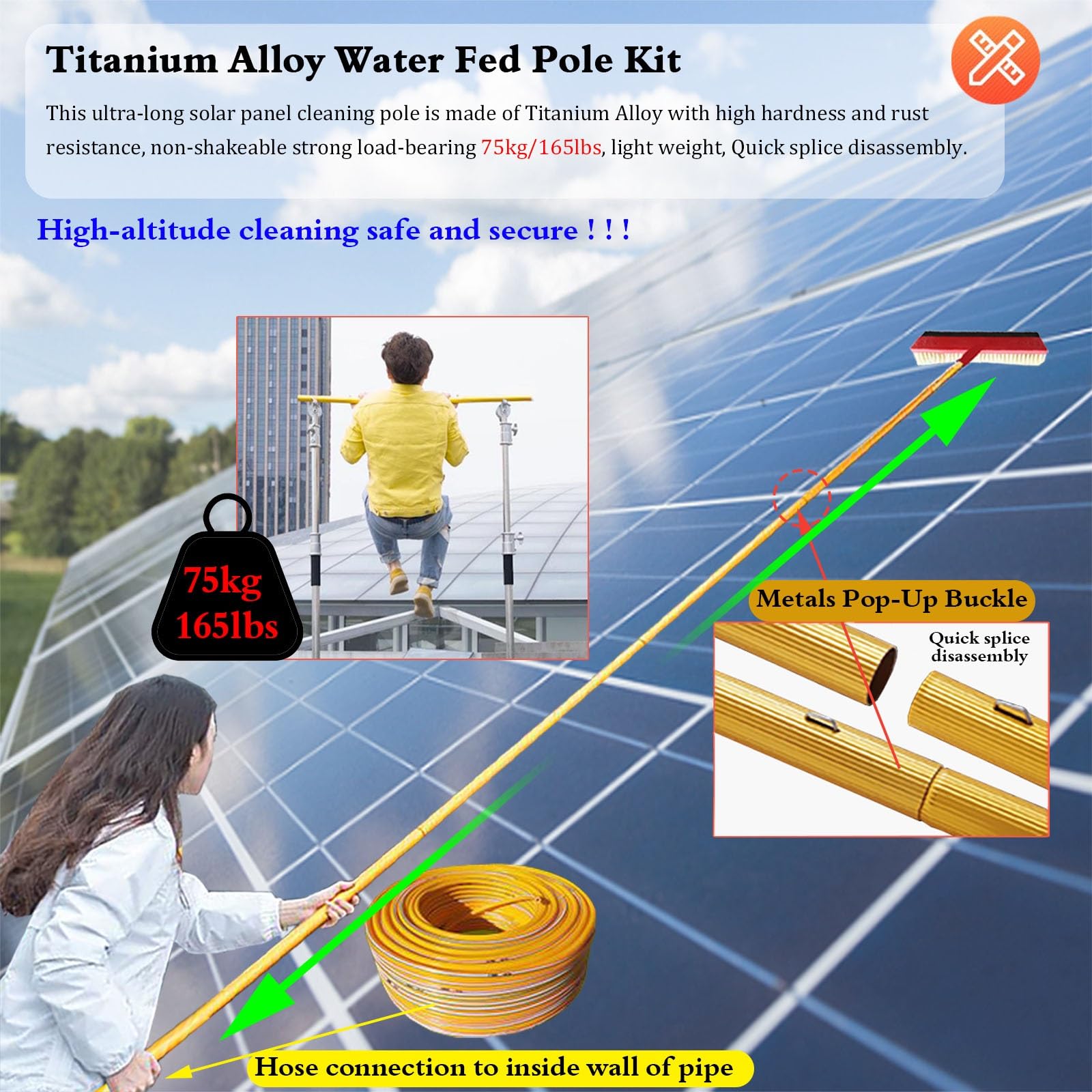 Lavavetri Tergivetri Puliscivetri Pulizia Delle Finestre Con Asta Alimentata Ad Acqua Con Tubo Acqua Da 25 M, Kit Di Spazzole Per La Pulizia Dei Pannelli Solari Per Finestre Alte/pavimenti/vetro Ester
