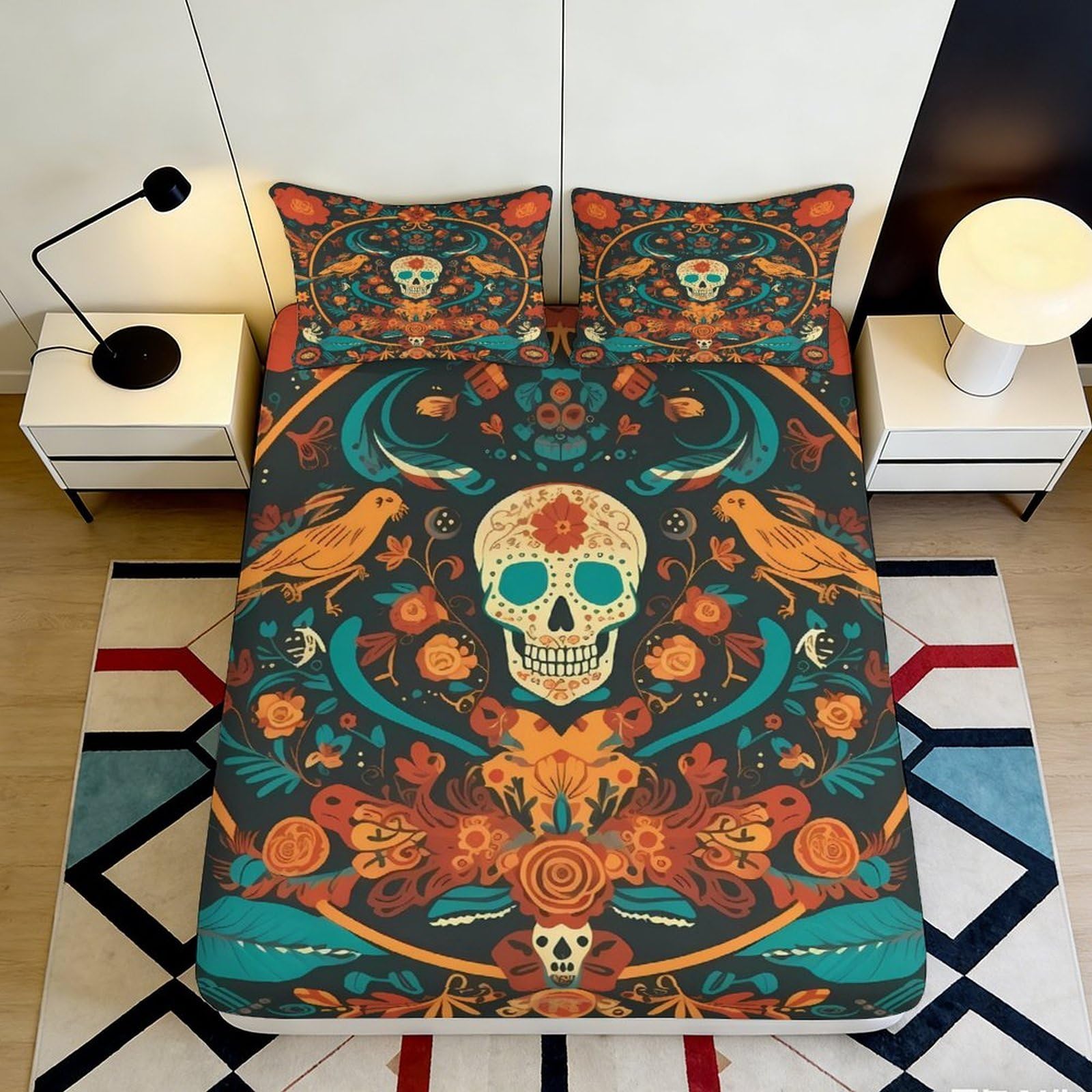 Tjiqhvmrn Style-6 3D Printed Skull Theme Fitted Sheet Microfiber Deep Pocket Non-Slip Bedroom Bedding Skull Mattress Fitted Cover Washable For Adult Teen 90X200x25cm
