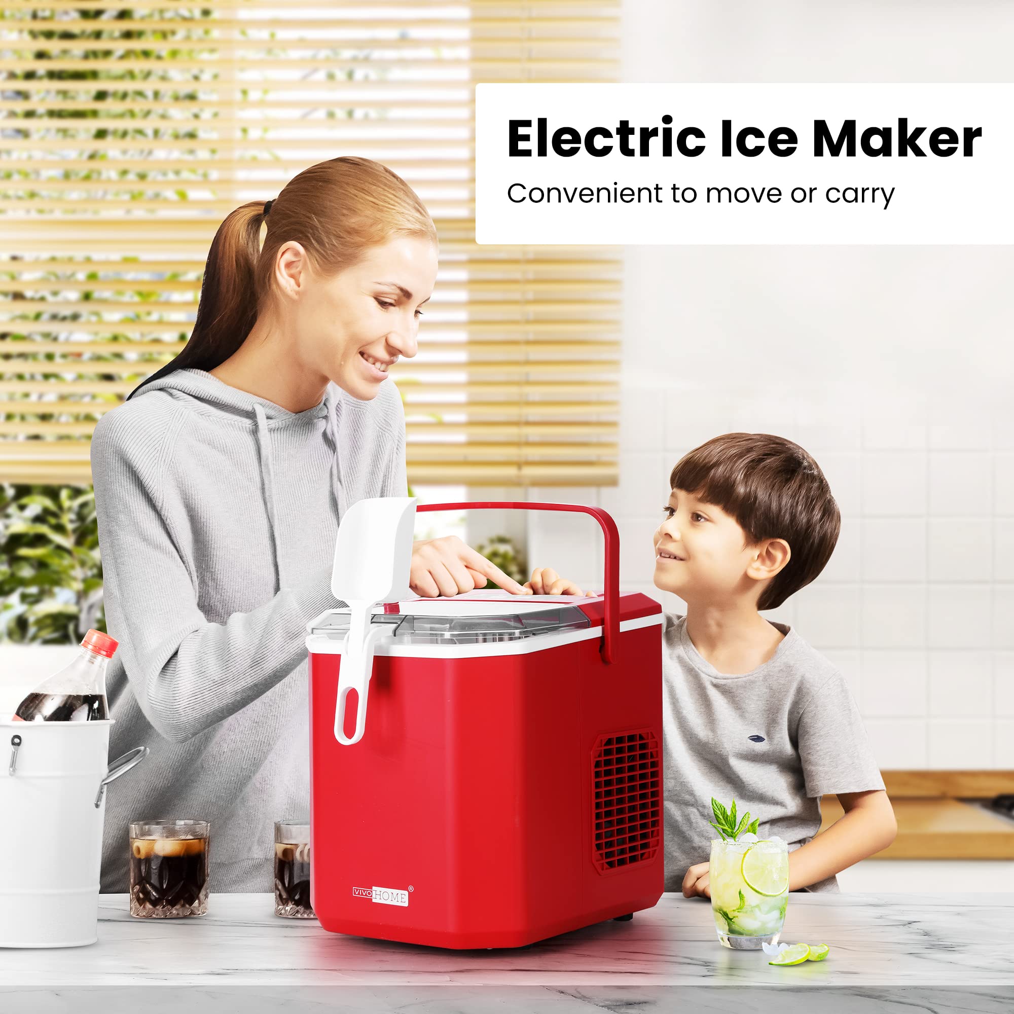 VIVOHOME Electric Portable Compact Countertop Automatic Ice Cube Maker Machine with Handle Hand Scoop 10 Ice Bags and Self Cleaning Function 26.5lbs/Day Red on Fridge.com