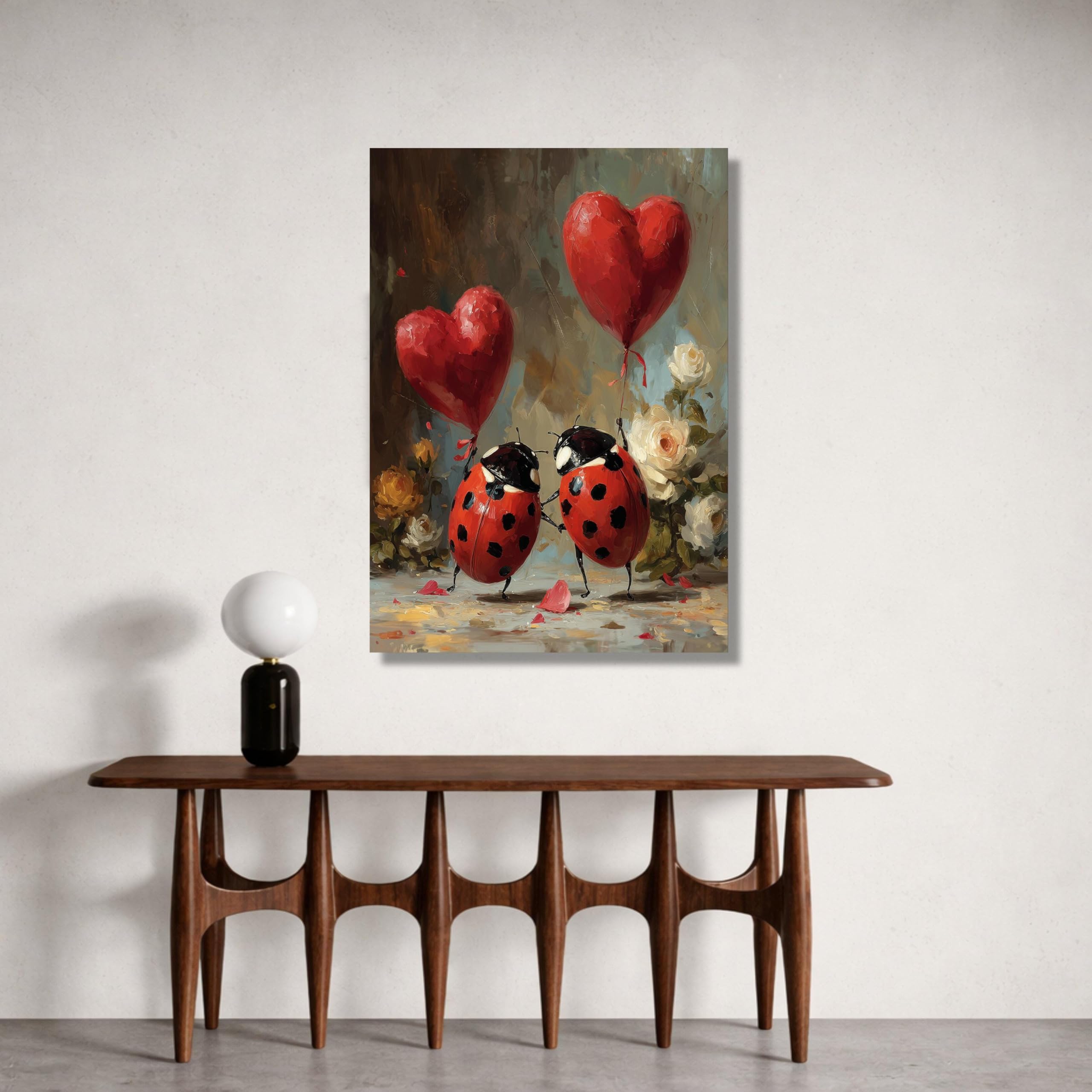 LMYCHENG Romantyczna para biedronek obraz olejny obraz ścienny z balonami w kształcie serca plakat miłość natura plakat retro kwiatowy druk na płótnie (60 x 90 cm/bez ramki)