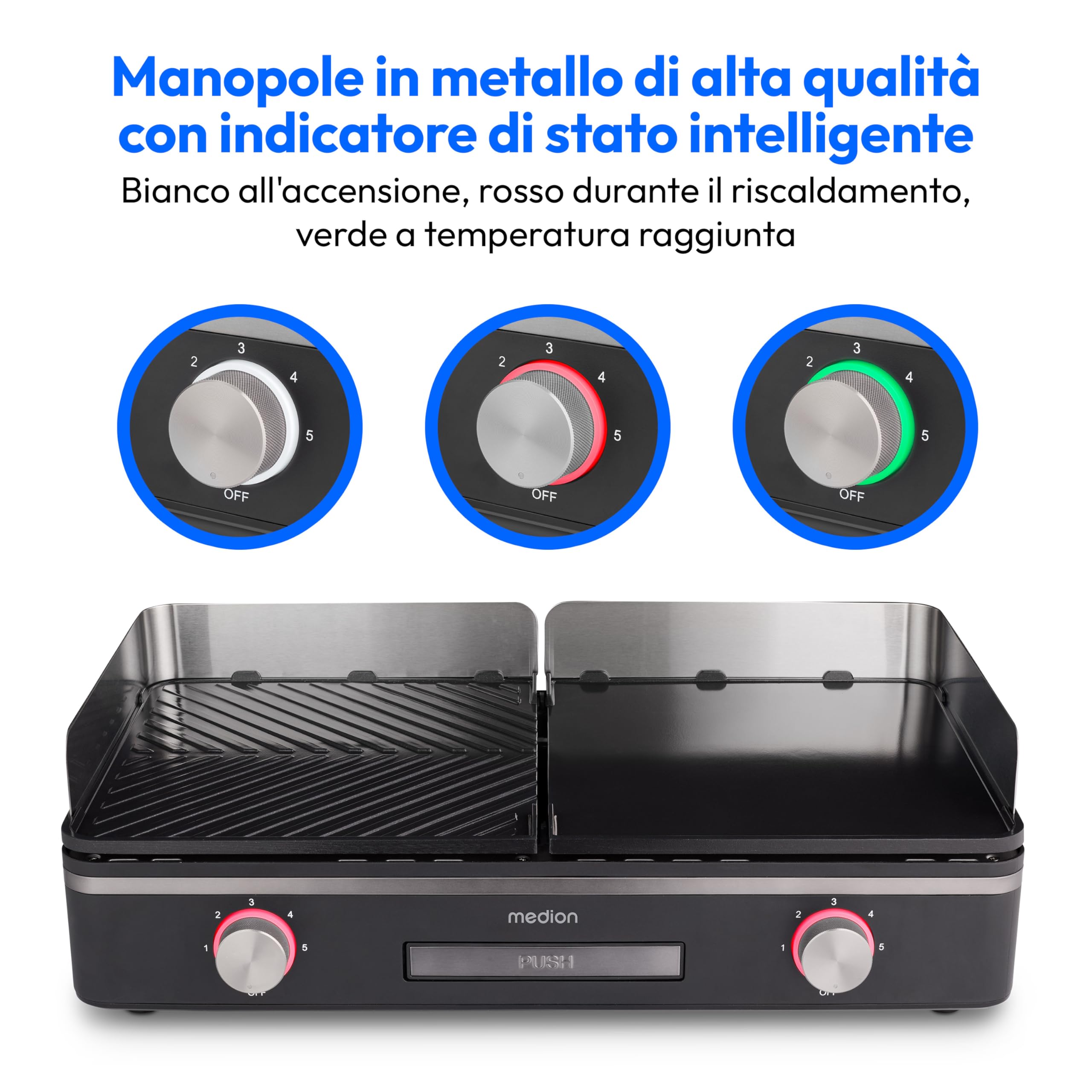 MEDION Griglia da tavolo con sistema a doppia zona (2400 W, 2 piastre rimovibili, regolazione individuale della temperatura, indicatore LED, protezione IPX4), MD12027