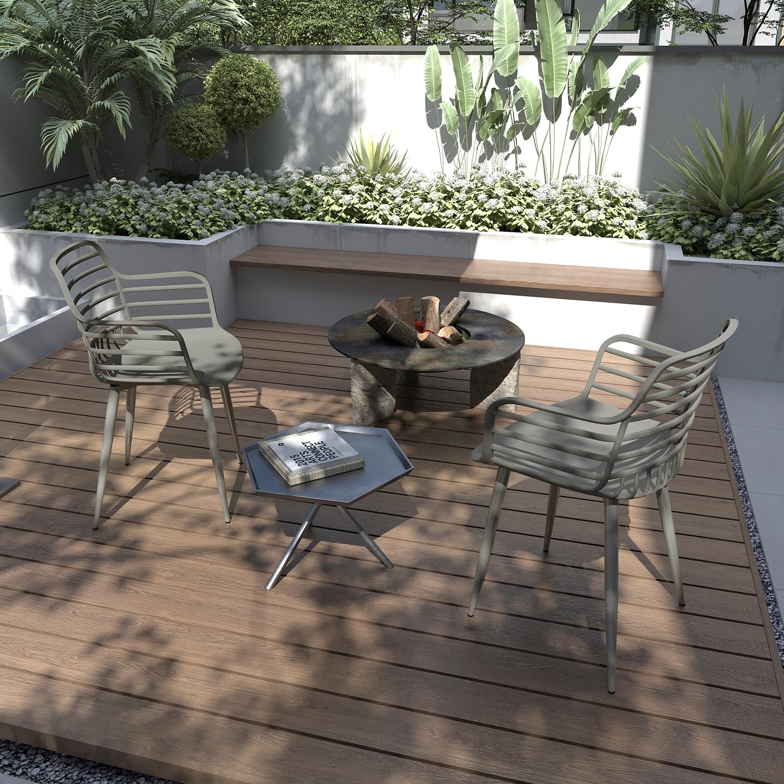 JIJIAN Set da 4 Sedie da Giardino con Braccioli Portata 120 kg Grigio | Plastica PP con Gambe in Ferro Traspirante Robusto Facile da Pulire Sedia Leisure per Balcone Giardino Terrazza Cucina