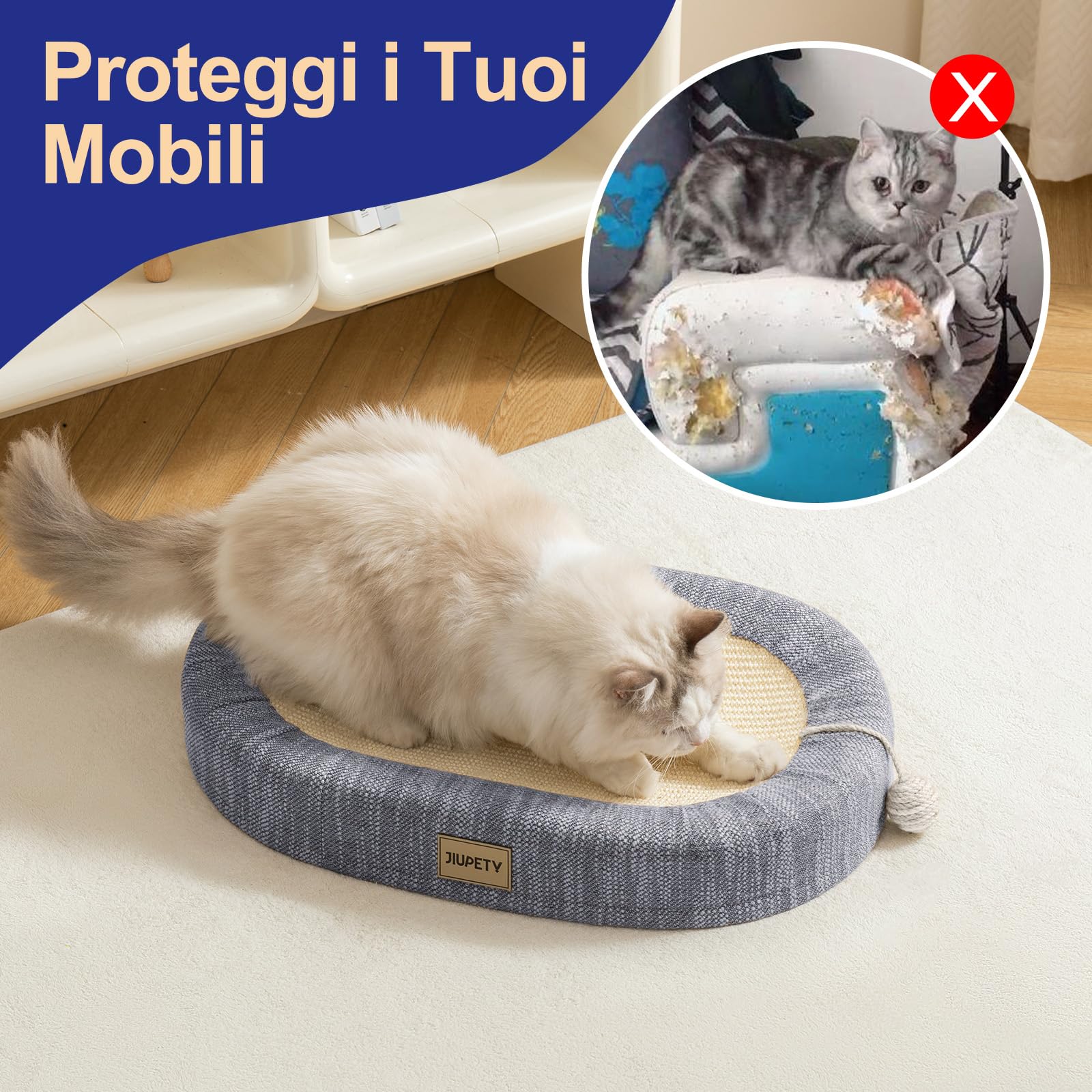 Jiupety Tiragraffi Ovale per Gatti in Sisal, 61CM Tiragraffi Gatto Adatto A Gatti Fino A 9 KG di Peso, Cuccia Gatto 3 in 1, Grey