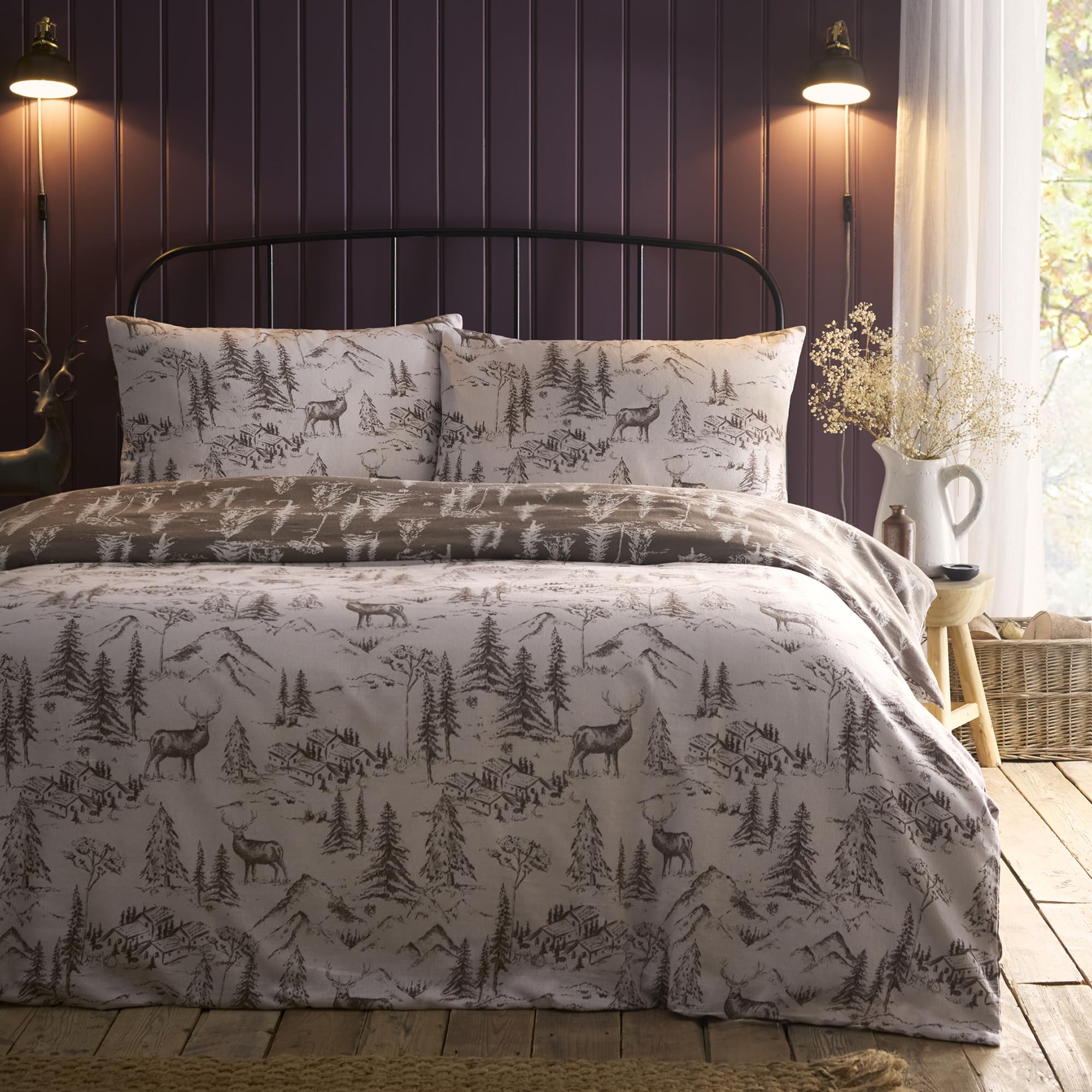 Dreams & Drapes Lodge Alpine - Set copripiumino con cervo, 100% cotone spazzolato, per letto singolo, 140 x 200 cm, naturale, con stampa di Mountain Lodge disegnato a mano