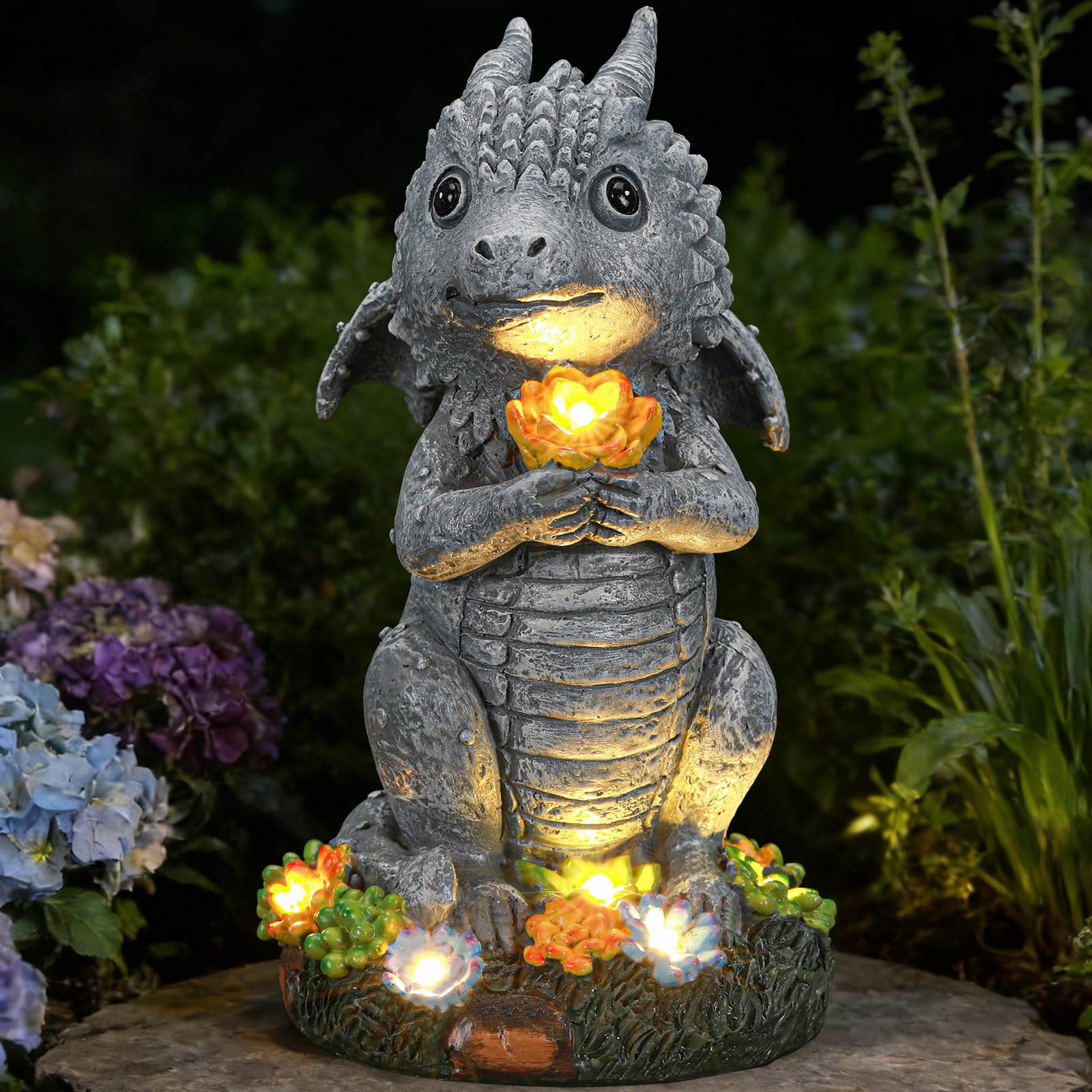 Solar Garden Outdoor Statues Dragon with Succulent, Lawn Decor with LED Lights, Outside Statue for Patio, Balcony, Yard Ornament, Housewarming Valentine's Day Gift for Wife Mom Grandma
