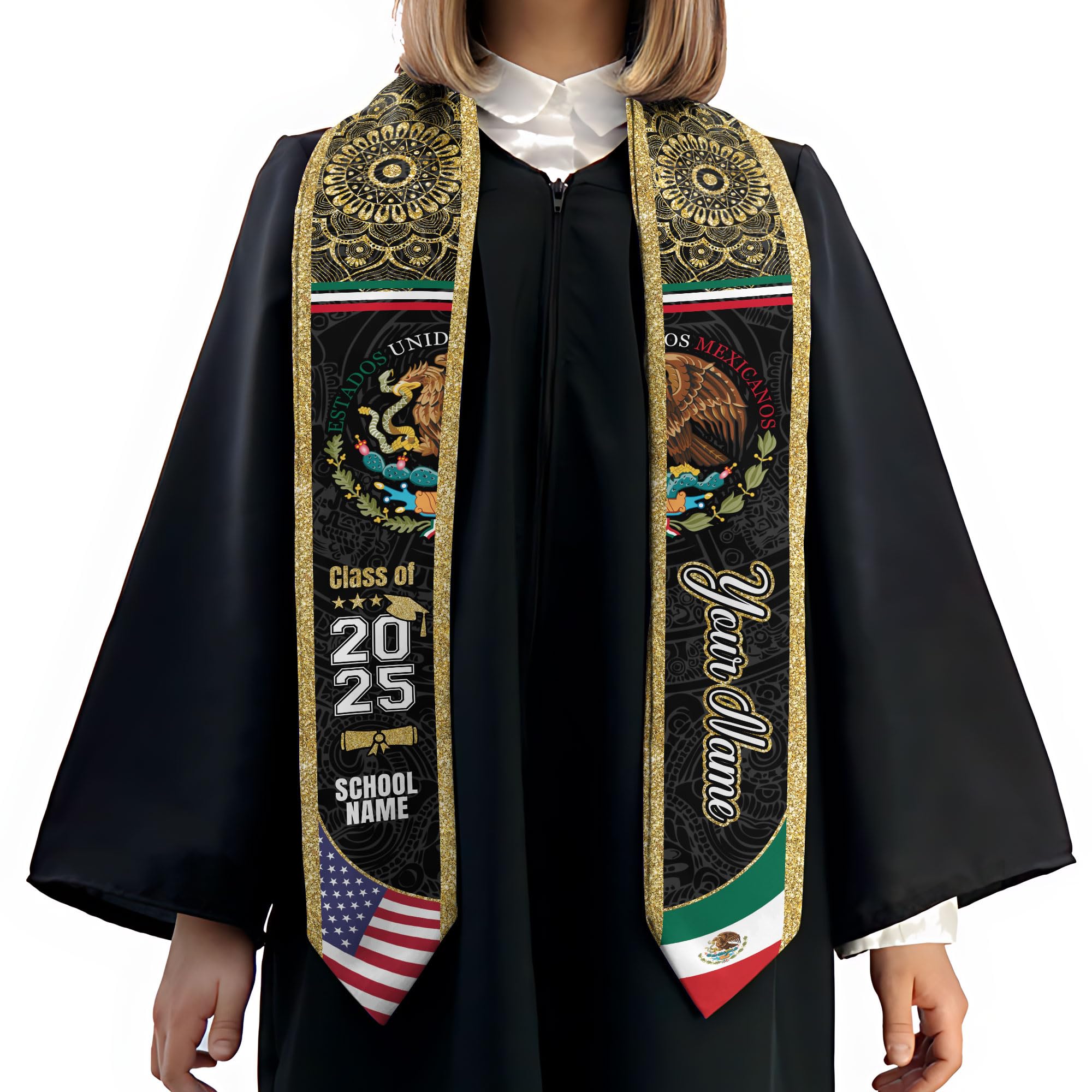 MonkeyVan Custom Mexican Graduation Sash Mexico Graduation Stole 2025 Mexican American Flag Graduation Sash Mexican Graduation M44