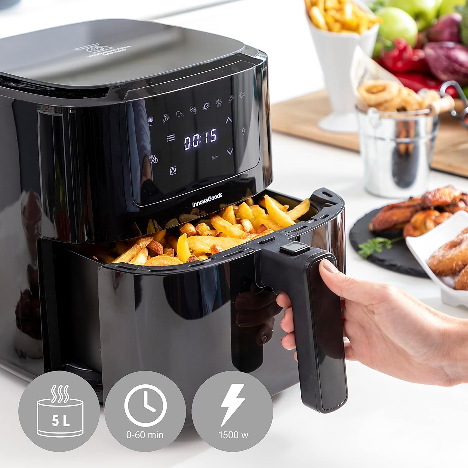 InnovaGoods® Friggitrice senza olio 5L, aria fryer 1500 W con +100 ricette in spagnolo, friggitrice aria con bilancia integrata, 8 programmi, touch screen, finestra, timer e flusso daria a 360° InnovaGoods® Friggitrice senza olio 5L, aria fryer 1500 W con +100 ricette in spagnolo, friggitrice aria con bilancia integrata, 8 programmi, touch screen, finestra, timer e flusso daria a 360°