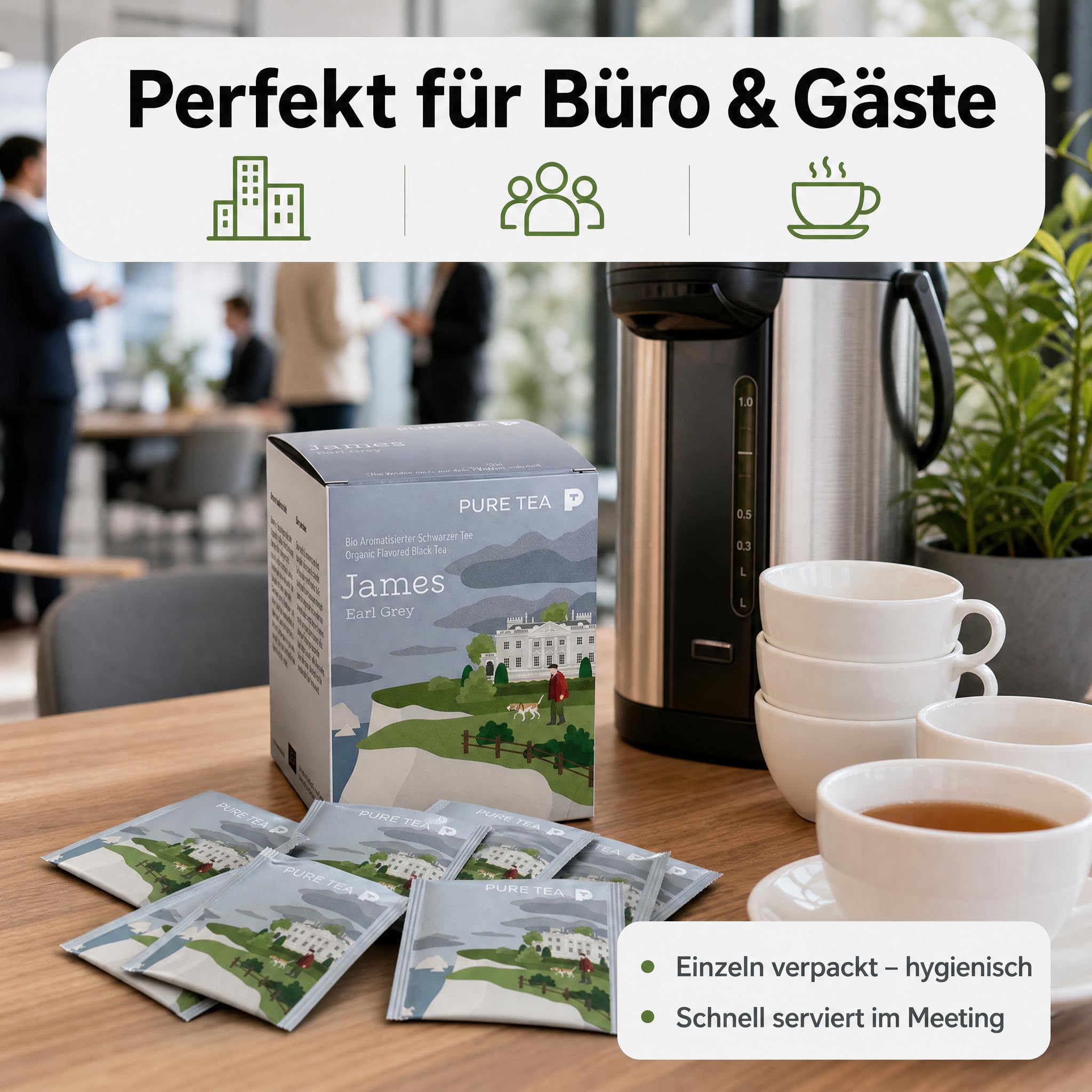 6 x Pure Tea James Earl Grey Teebeutel, Premium-Schwarztee mit Bergamotte, aromatisierter schwarzer Tee im Kissenbeutel, einzeln verpackt in eleganter Dispenserbox, britischer Afternoon-Tea-Genuss