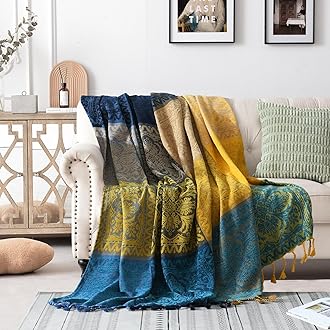 Bohemian Throw Blanket for Couch，Colorful Chenille Tassels Boho Woven Hippie Throw Blankets for Couch Bed Sofa Chair Recliner Loveseat, Bohemian Fringe Tassels Decor Home(Blue, S:60x75)