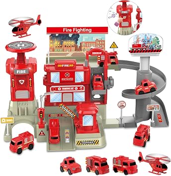 deAO Fire Station Toy with Fire Truck Set Firefighting Playset Pretend Play Toy with Car, Helicopter and Accessories, Birthday Gifts for Toddlers 3+