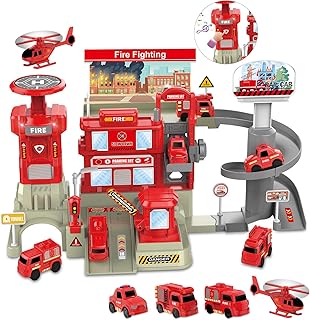 deAO Fire Station with Fire Truck Set Firefighting Playset Pretend Play Toy with Car, Helicopter and Accessories, Preschool Learning Educational Toys for Toddllers