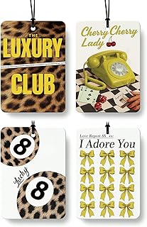 FISWAFY Yellow Cheetah Print Car Air Freshener 4 Pcs, Trendy Coquette Bow Leopard Print Lucky 8 Ball Hanging Air Freshener for Cars Closet Drawer Books, Girly Car Accessories Mirror Decor for Women