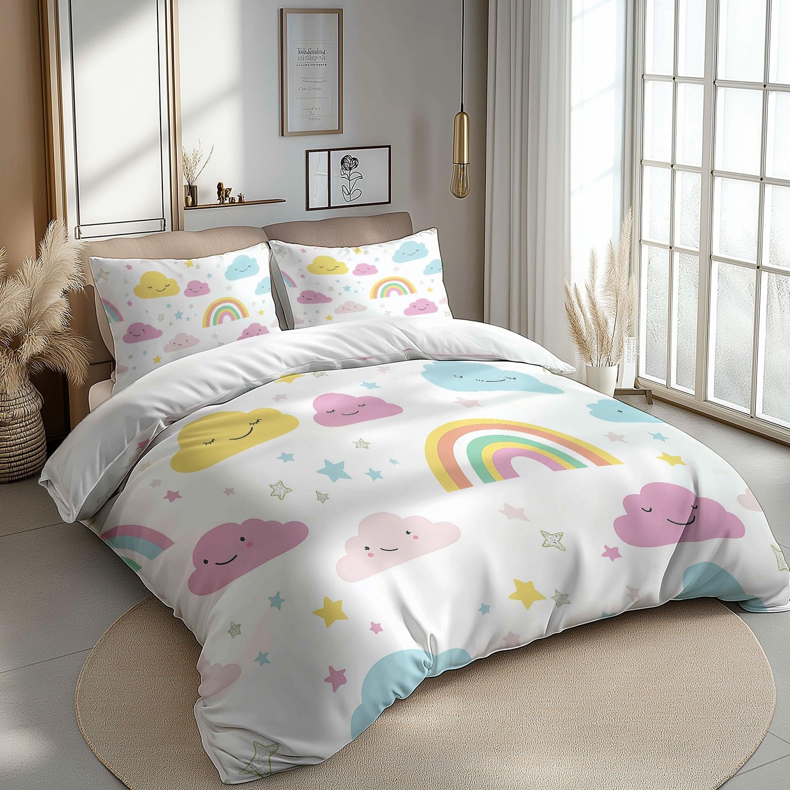 Funda Nordica para Cama 105 Estrellas del Arco Iris De Dibujos Animados Juego de Ropa de Cama Fundas Nórdicas 180x220 cm Poliéster Algodón, 3 Piezas Juego de Cama Cremallera Funda de Almohada
