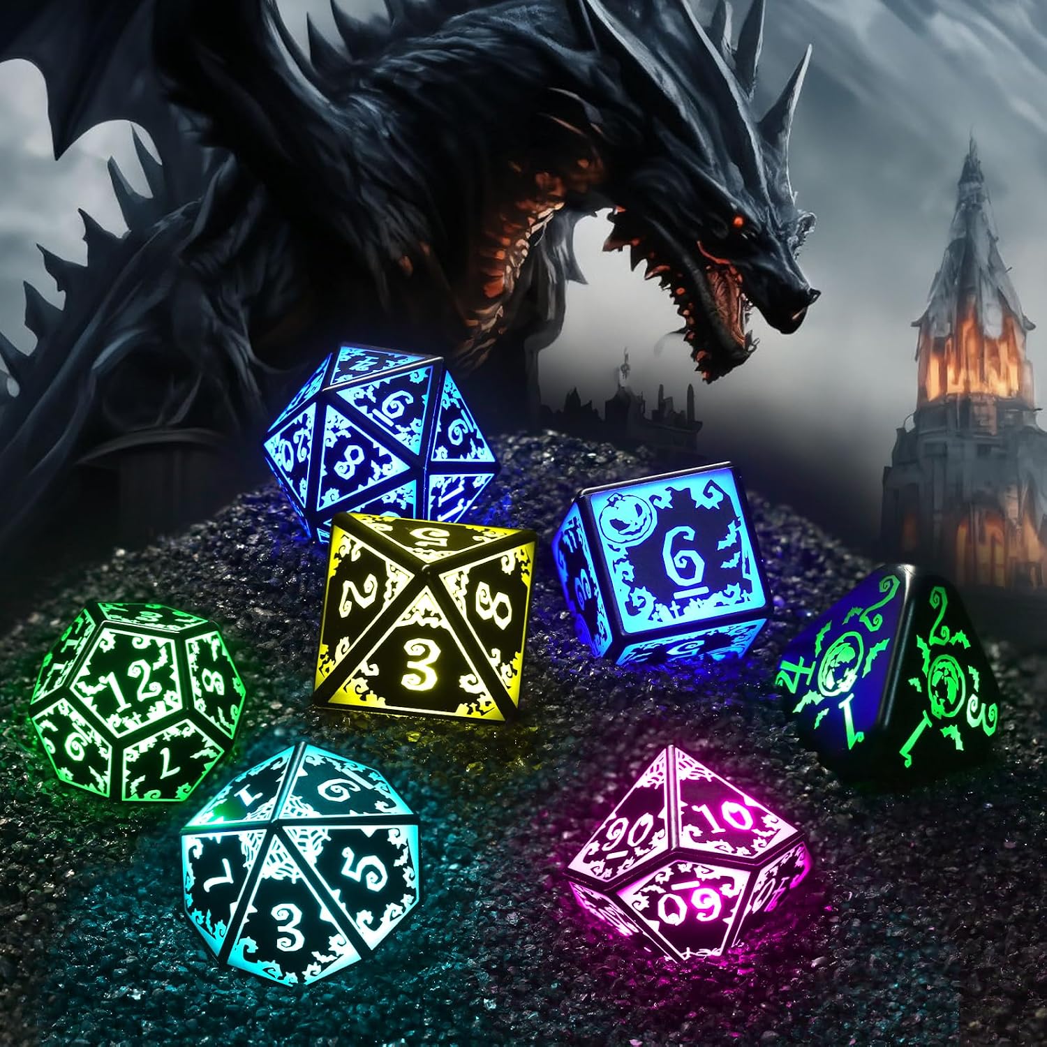FONVGOGO Light Up DND Dice Set Rechargeable with Charging Case for Dungeons and Dragons Cool Unique LED Dice Set D and D 7 Color Polyhedral Role Playing RPG Dice for Tabletop DND Gifts (Pumpkin RGB)