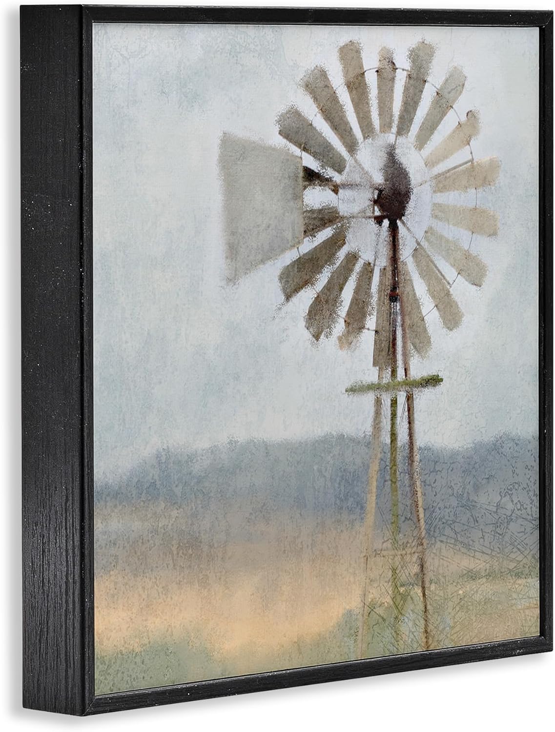 Neutral Blue Windmill Breeze Farmhouse Landscape Canvas Print with Black Wood Frame