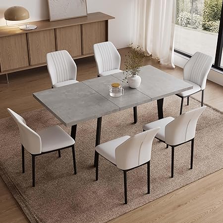47.2"- 62.9" Extendable Dining Table Set for 6, Modern Kitchen Table with 6 PU Leather Chairs, Thickened Expandable MDF Wooden Table with Metal Legs for Dining Room, Kitchen, Office