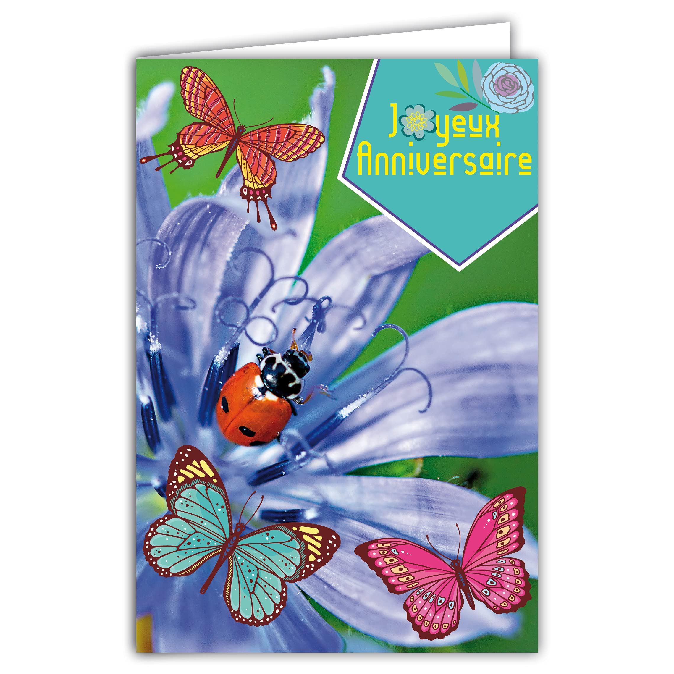 Afie 65-1291 Happy Birthday Card Purple Flower Ladybird Butterflies with White Envelope 12 x 17.5 cm
