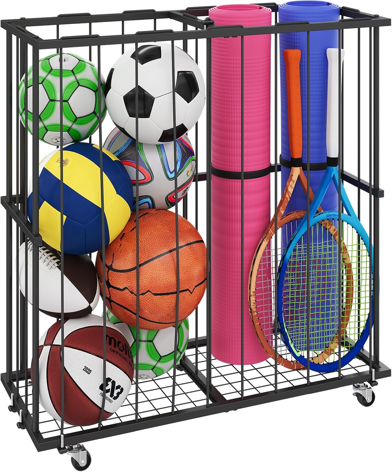 Large Garage Ball Storage, Rolling Floor Sports Equipment Organizer: Freestanding Ball Rack with Elastic Rope–, Ball Holder for Basketball, Soccer, Football, Volleyball, Garage, Gym, Black - Image 9
