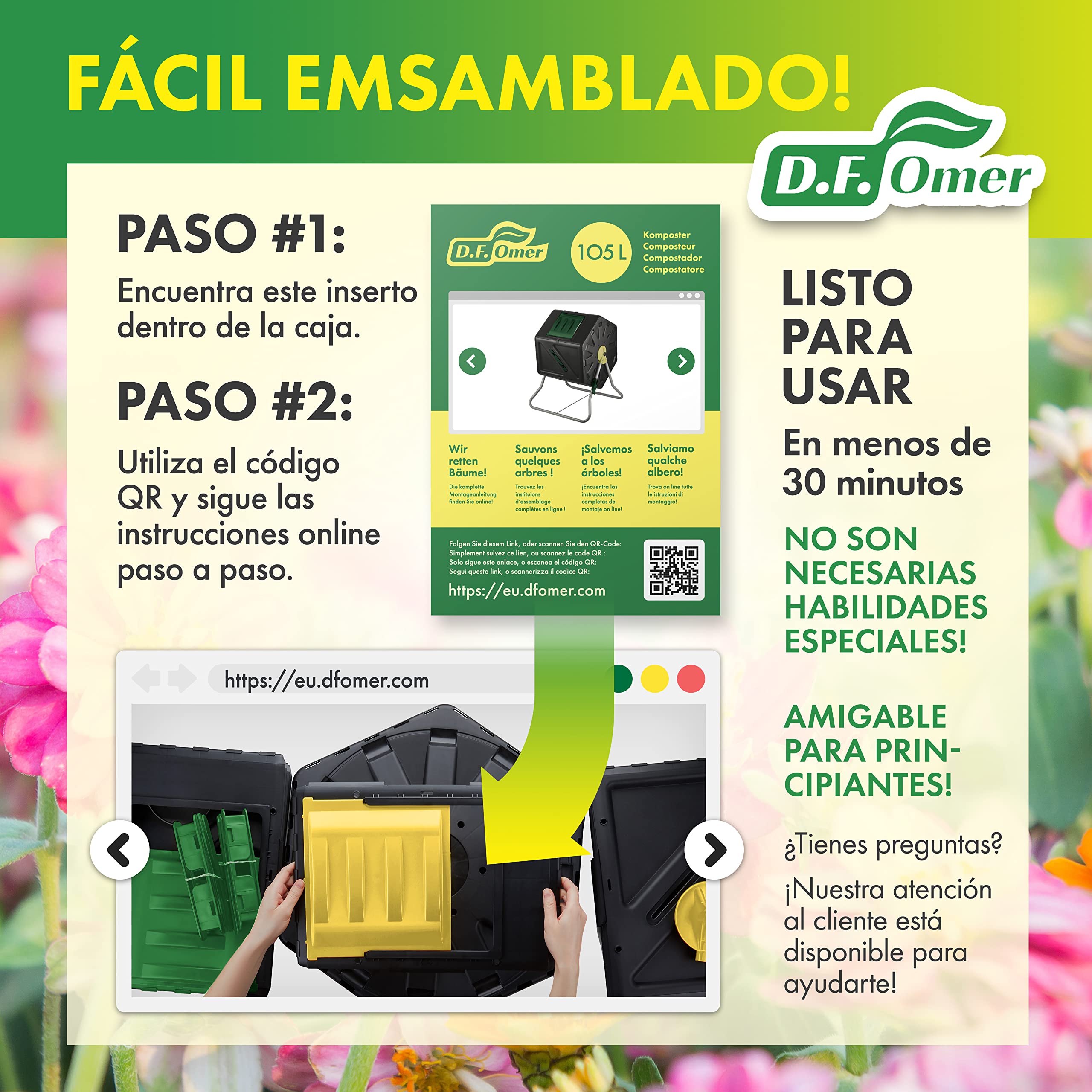 DF OMER Contenedor De Compostaje De Una Cámara para Jardín Al Aire Libre - Diseño Compacto Capacidad De 105L - Compostador De Barril con Tambor Rodante Resistente
