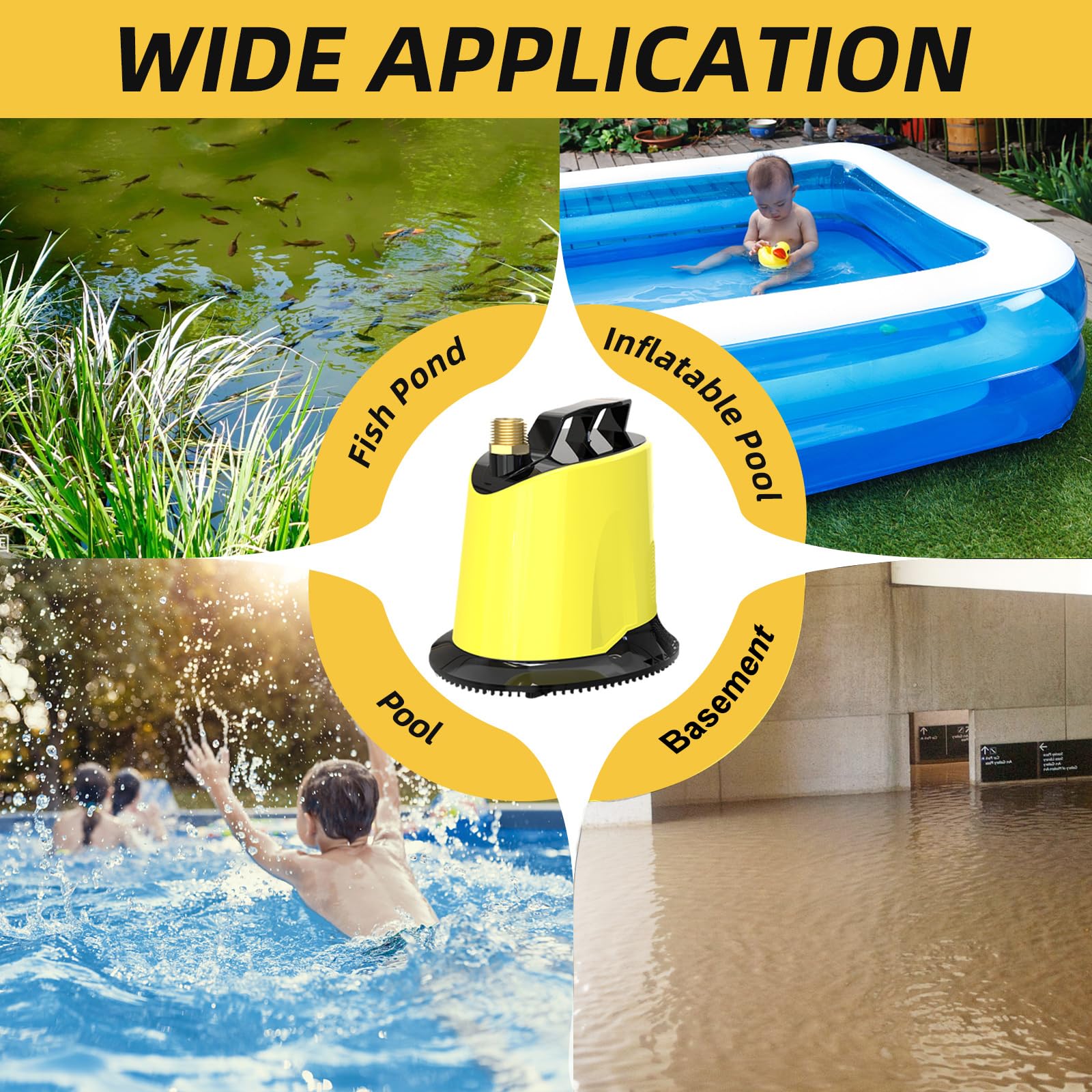 AgiiMan Sump Pump - 125W 1100 GPH Submersible Water Pump with 16ft Drainage Hose, 25ft Extra Long Power Cord & 4 Hose Adapters, Water Pump for Basements, Pool Fountains, Hot Tub, Garden Pond, Yellow