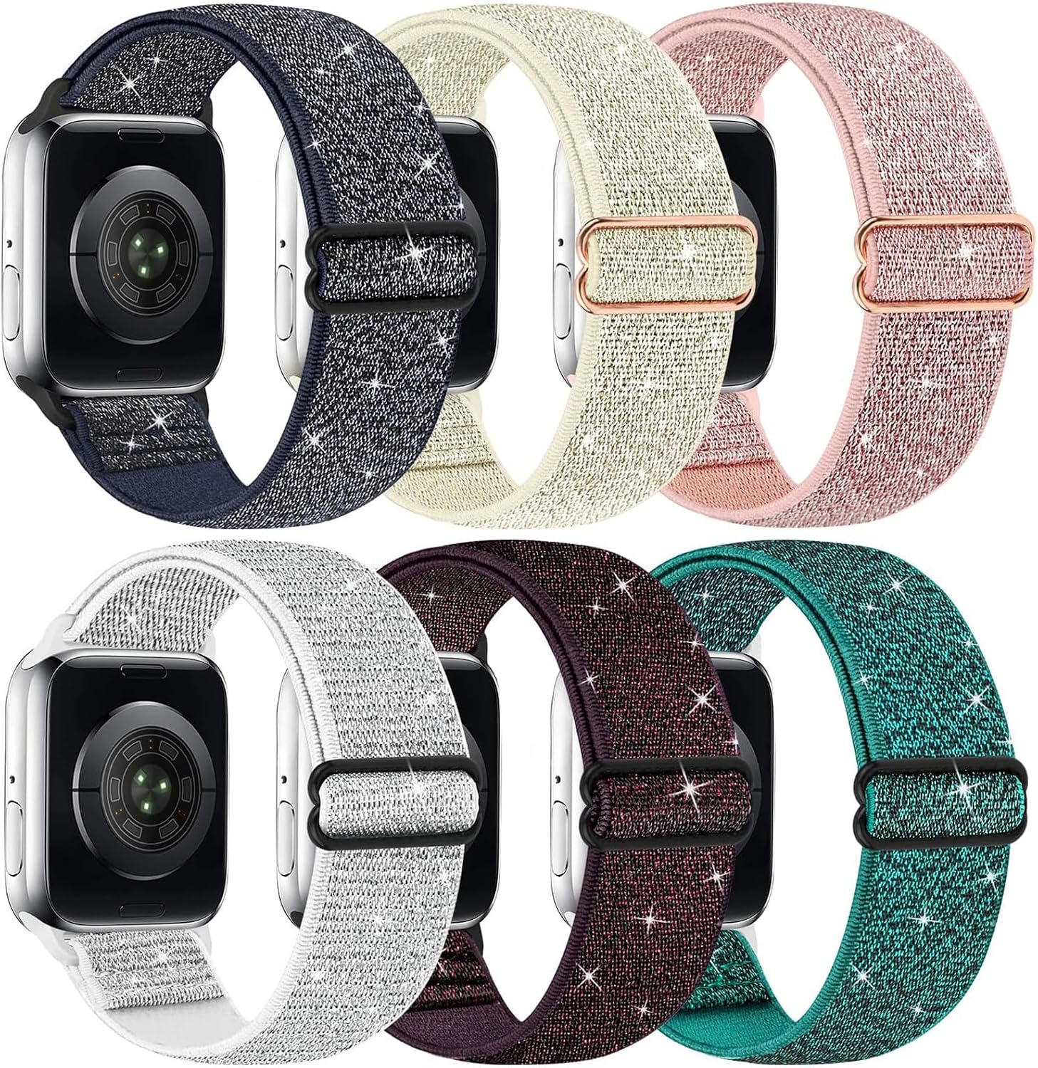 Bling Nylon Stretchy Bands Compatible With Apple Watch Bands 38mm 40mm 41mm 42mm 44mm 45mm 49mm For Women Girls, Adjustable Braided Solo Loop Sport Bands For iWatch Series Ultra 10 9 8 7 6 5 4 3 2 1 SE, 6 Packs image 2
