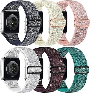Bling Nylon Stretchy Bands Compatible With Apple Watch Bands 38mm 40mm 41mm 42mm 44mm 45mm 49mm For Women Girls, Adjustable Braided Solo Loop Sport Bands For iWatch Series Ultra 10 9 8 7 6 5 4 3 2 1 SE, 6 Packs
